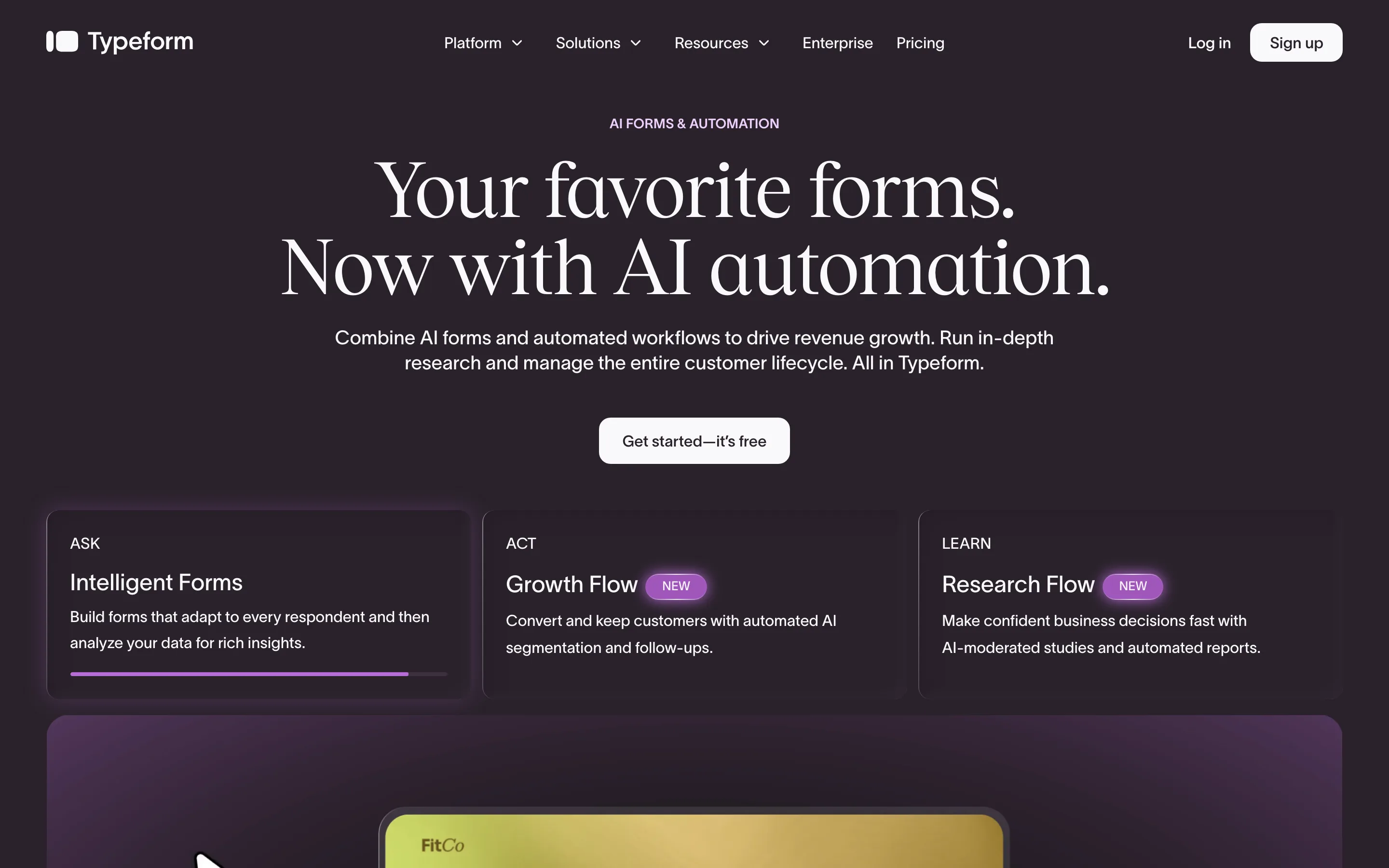 Page d'accueil de Typeform, outil no-code de création de formulaires en ligne.