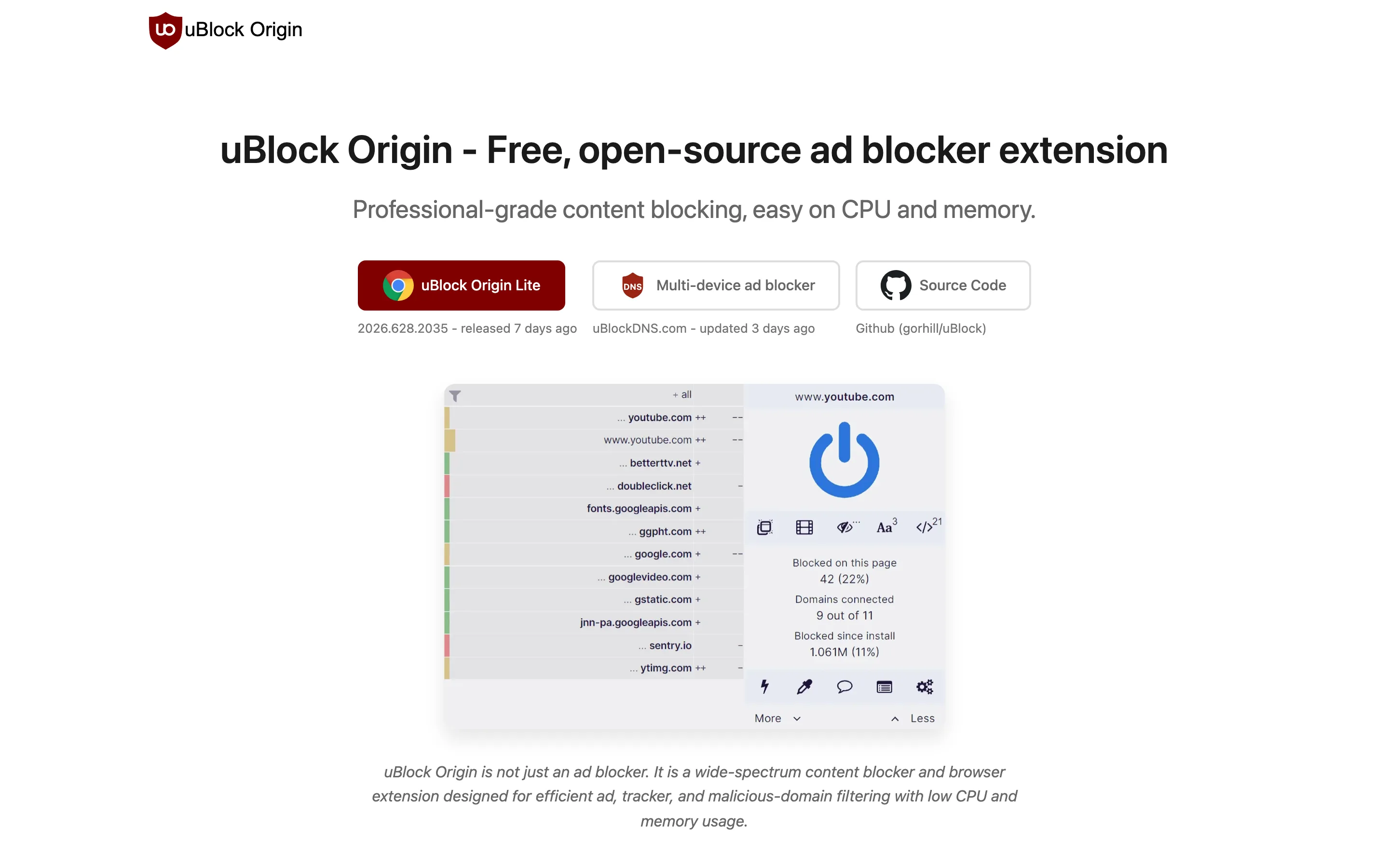 Page d'accueil de uBlock Origin montrant l'onglet uBlock Origin Lite pour les navigateurs Chromium