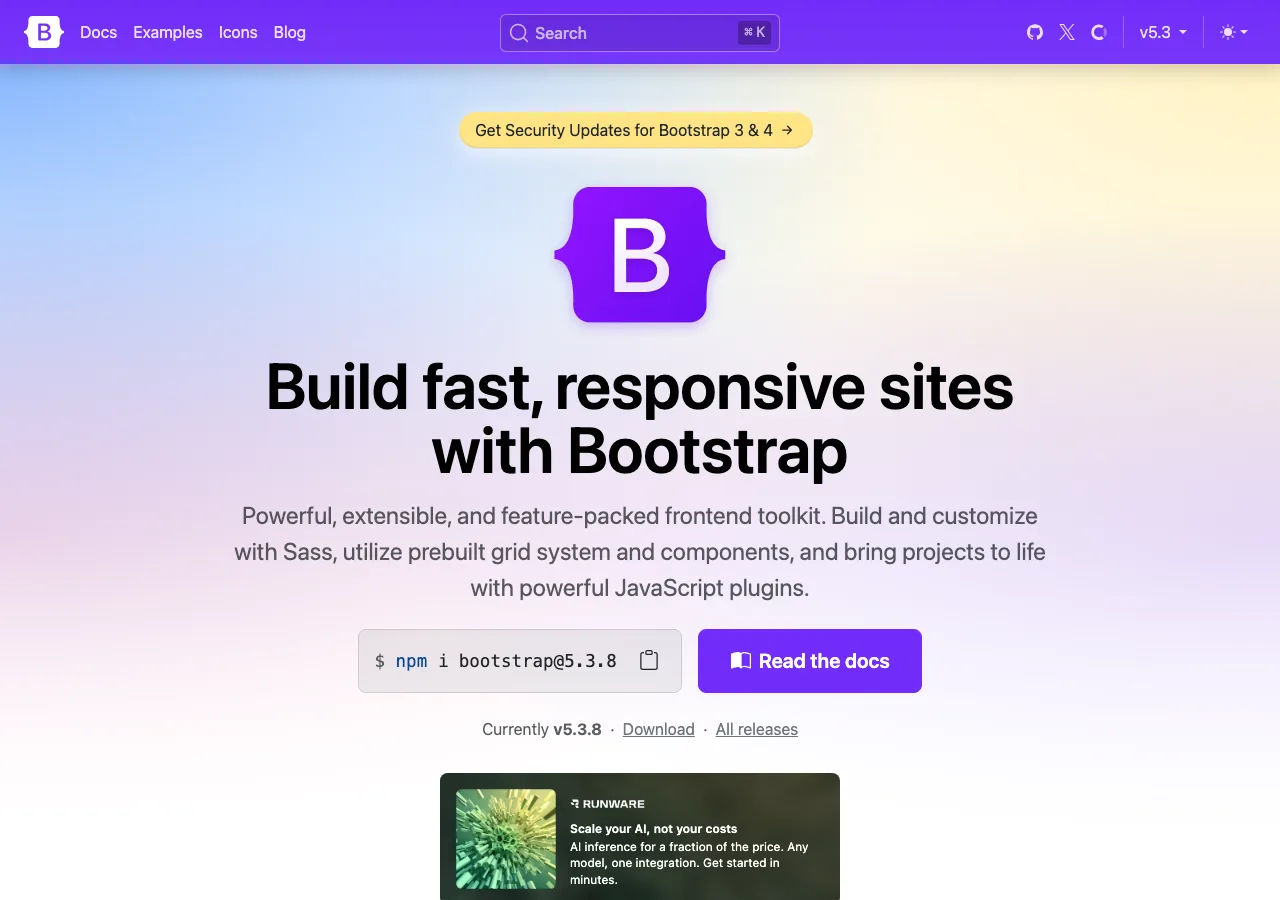 Page d'accueil de Bootstrap, framework front-end universel