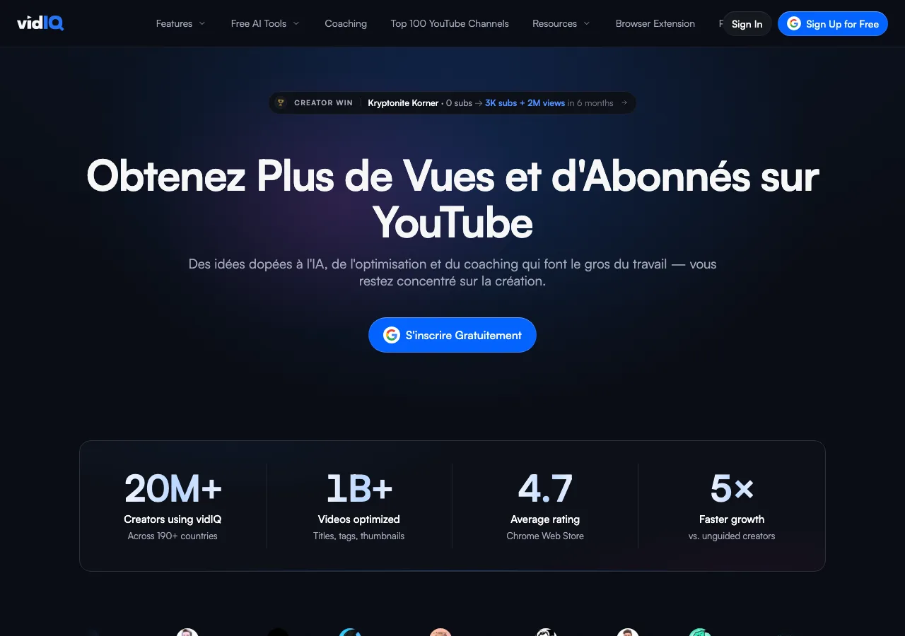 Page d'accueil de vidIQ, outil d'analyse et d'optimisation YouTube.