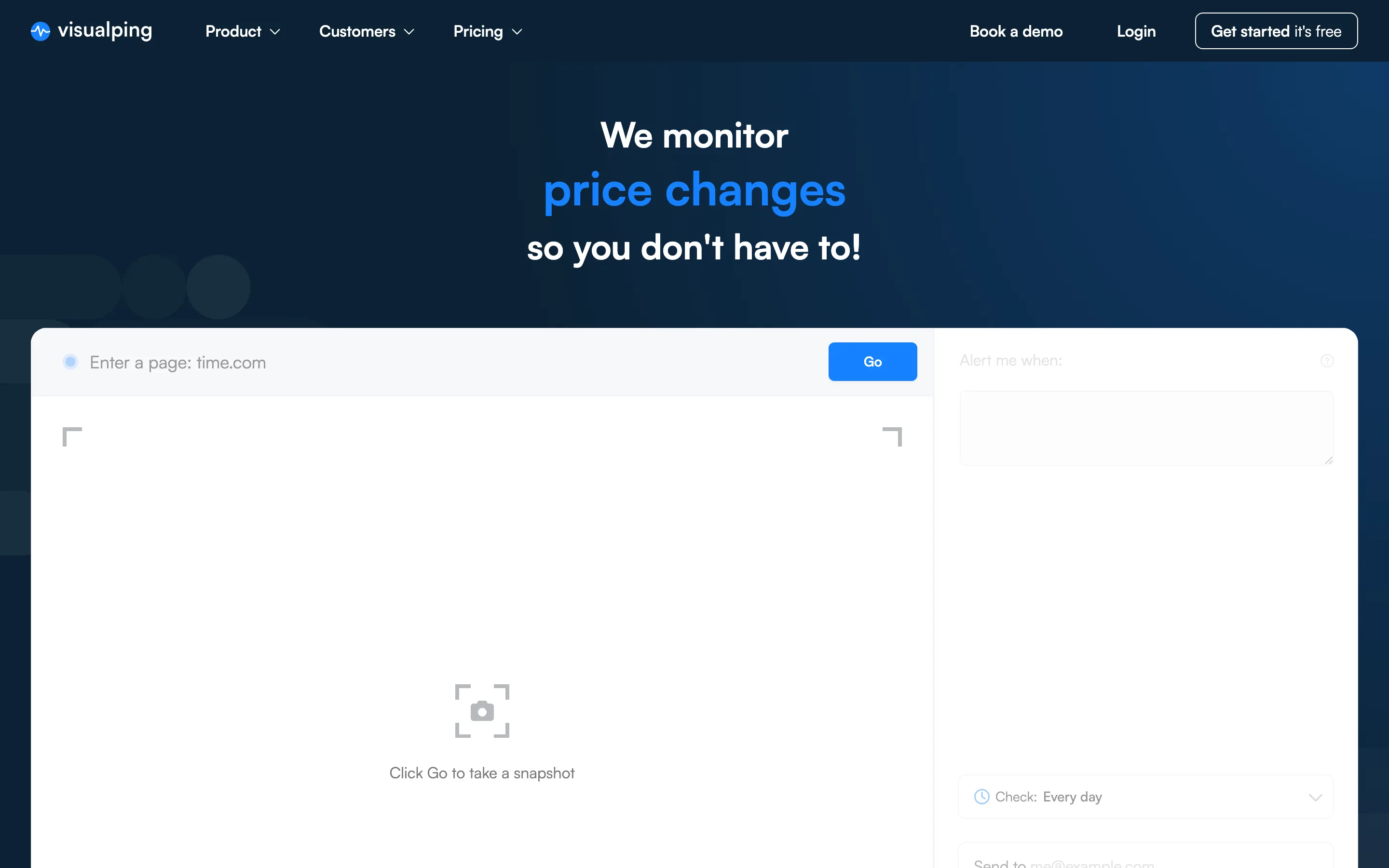 Interface de Visualping, outil de surveillance des changements d'une page web