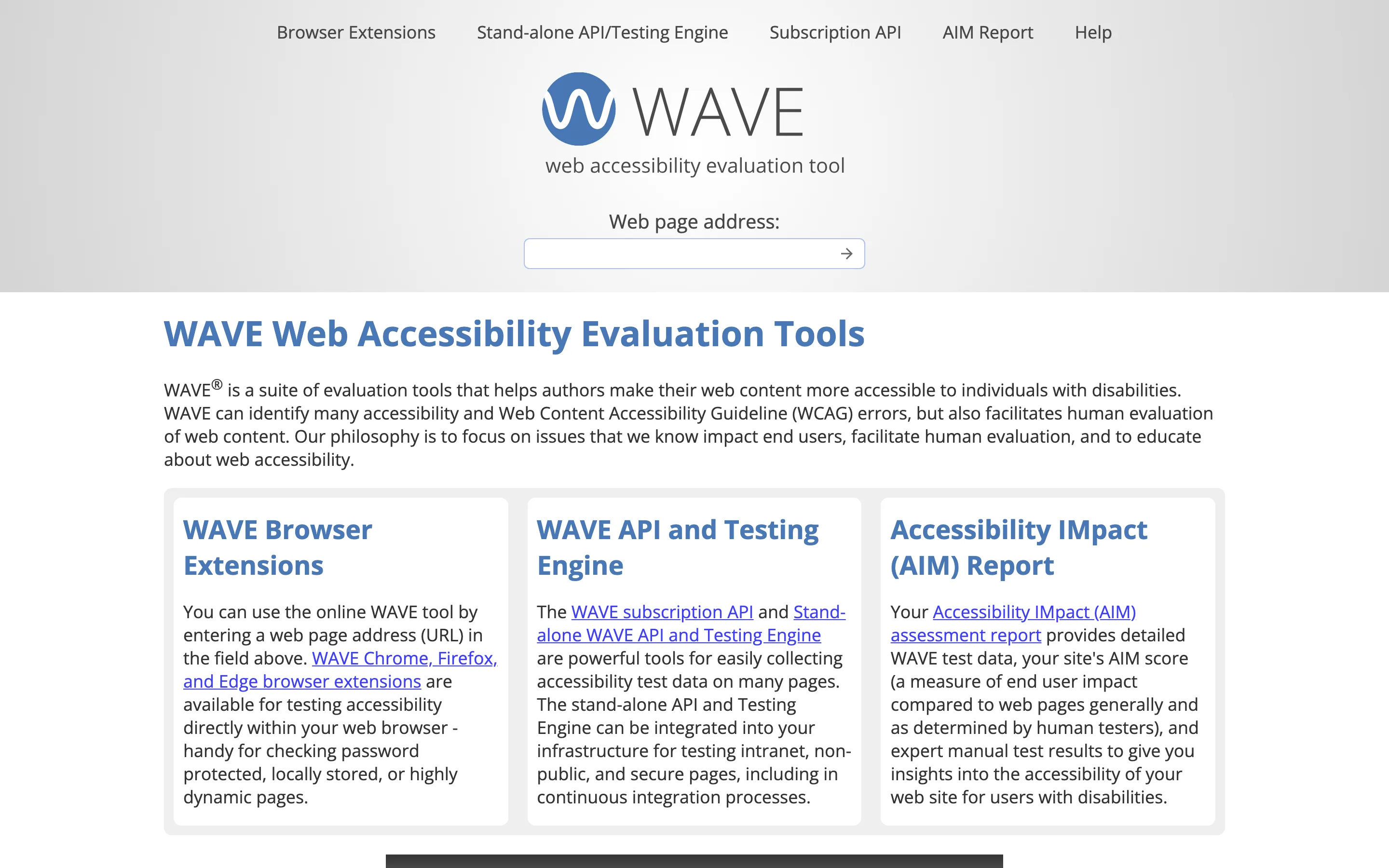 Page d'accueil de l'outil d'évaluation d'accessibilité WAVE de WebAIM