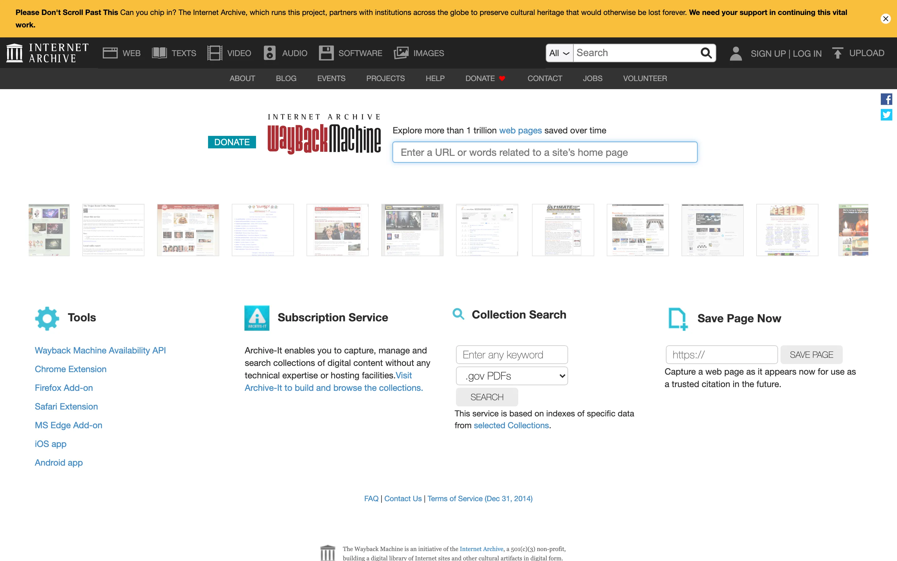 Page d'accueil de la Wayback Machine d'Internet Archive avec le champ de recherche d'URL et la fonction Save Page Now