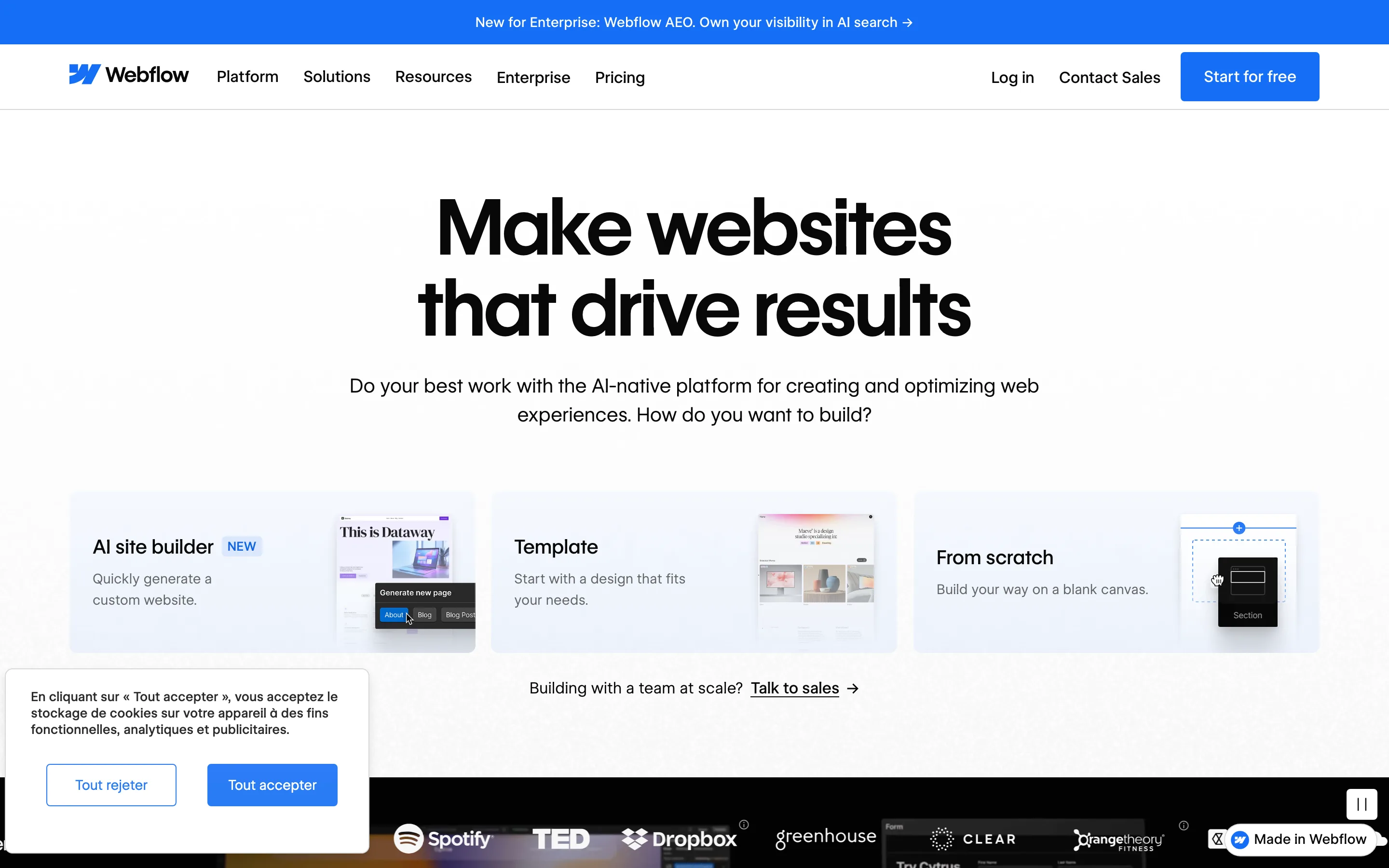 Page d'accueil de Webflow, plateforme no-code de création de sites web.