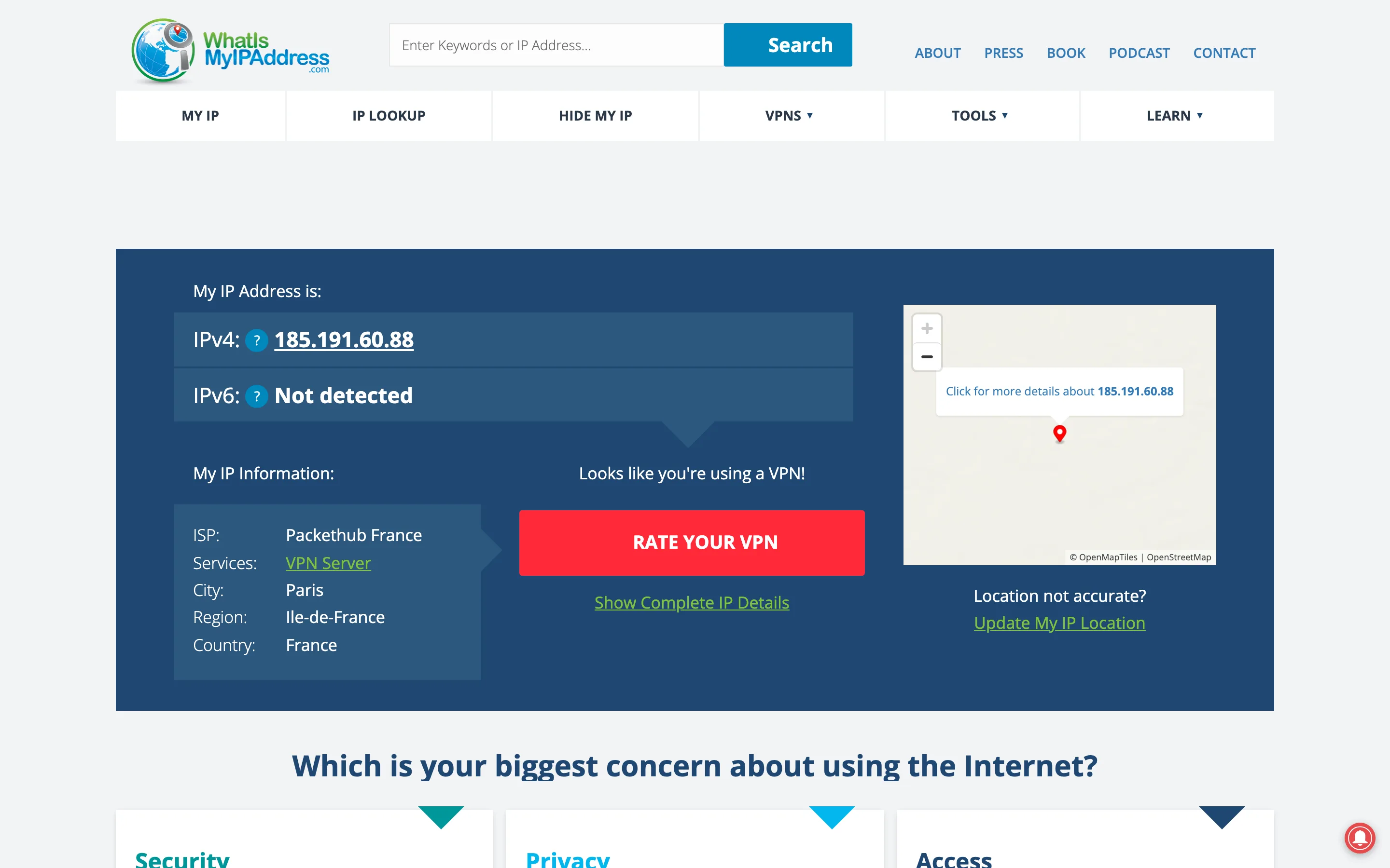 whatismyipaddress.com affiche l'IP publique, le FAI, une ville approximative et détecte un VPN