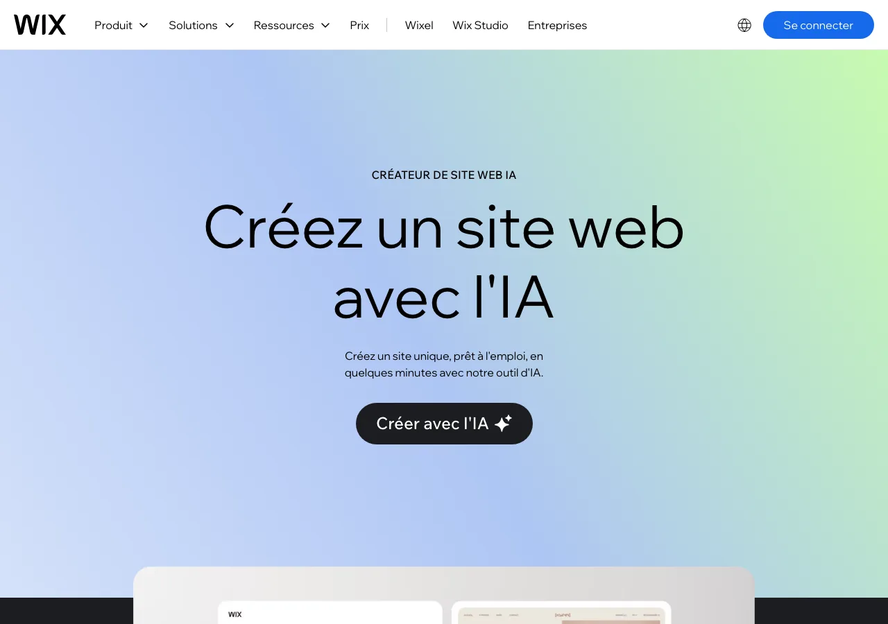 Page d'accueil du créateur de site web IA de Wix, le remplaçant de Wix ADI