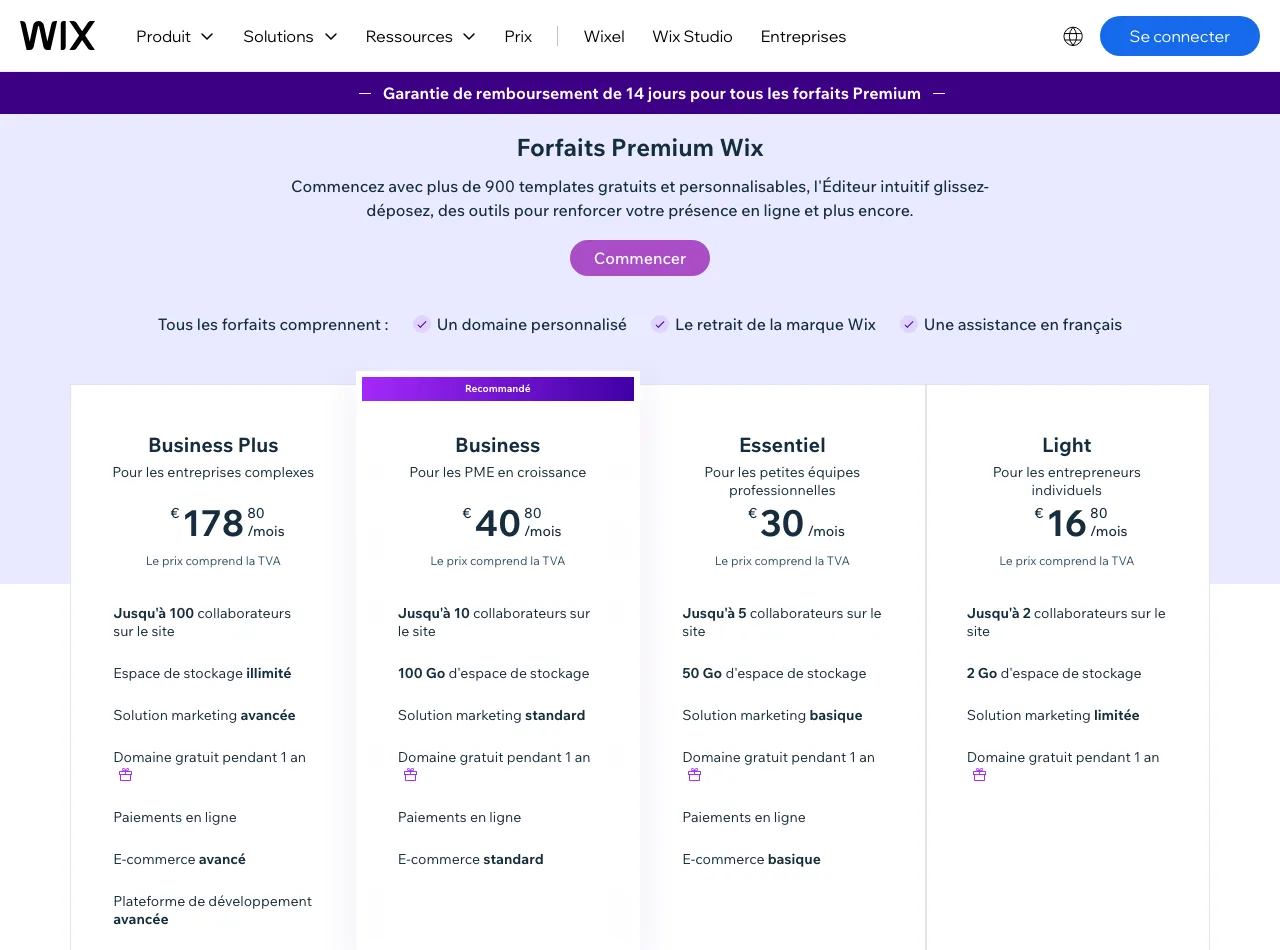 Grille officielle des forfaits Premium Wix (capture wix.com, juillet 2026) : Light 16,80 €, Essentiel 30 €, Business 40,80 €, Business Plus 178,80 € par mois