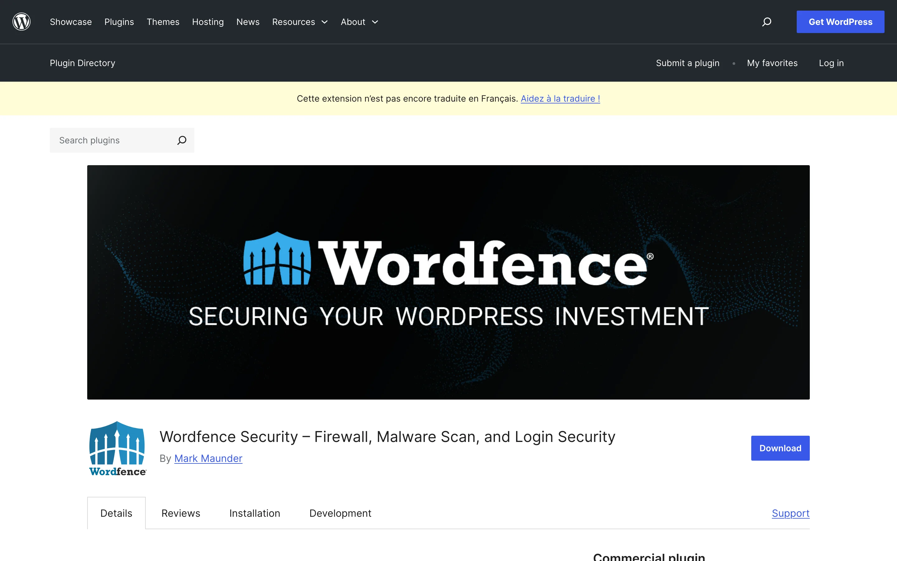 Page officielle de l'extension Wordfence Security sur le répertoire WordPress.org, juillet 2026