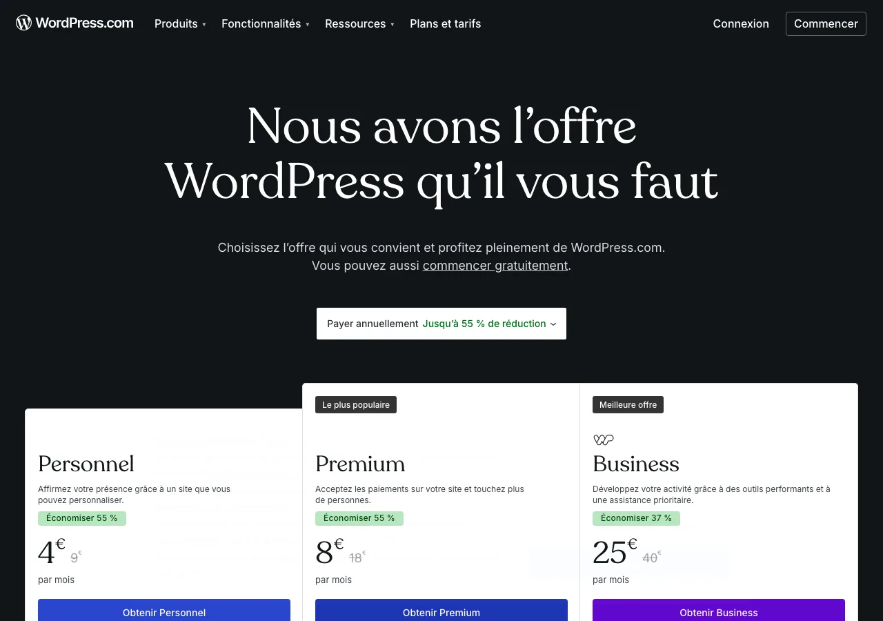 Grille tarifaire WordPress.com 2026 : plans Personnel à 4 €, Premium à 8 € et Business à 25 € par mois (facturation annuelle)