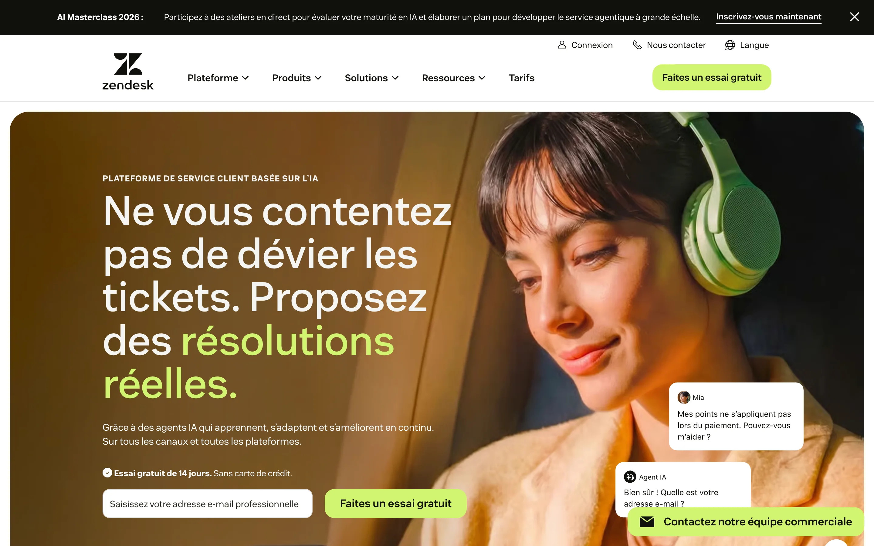 Page d'accueil de Zendesk, plateforme de service client, relevée en juillet 2026