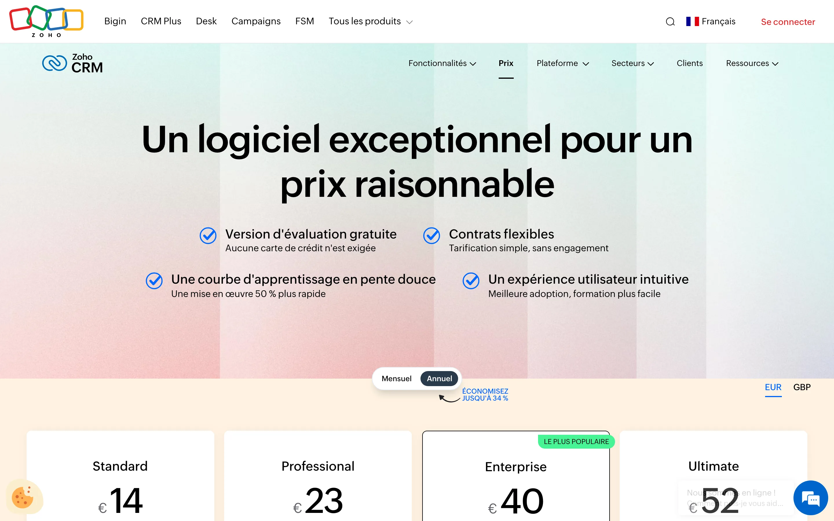 Page tarifs Zoho CRM relevée en juillet 2026