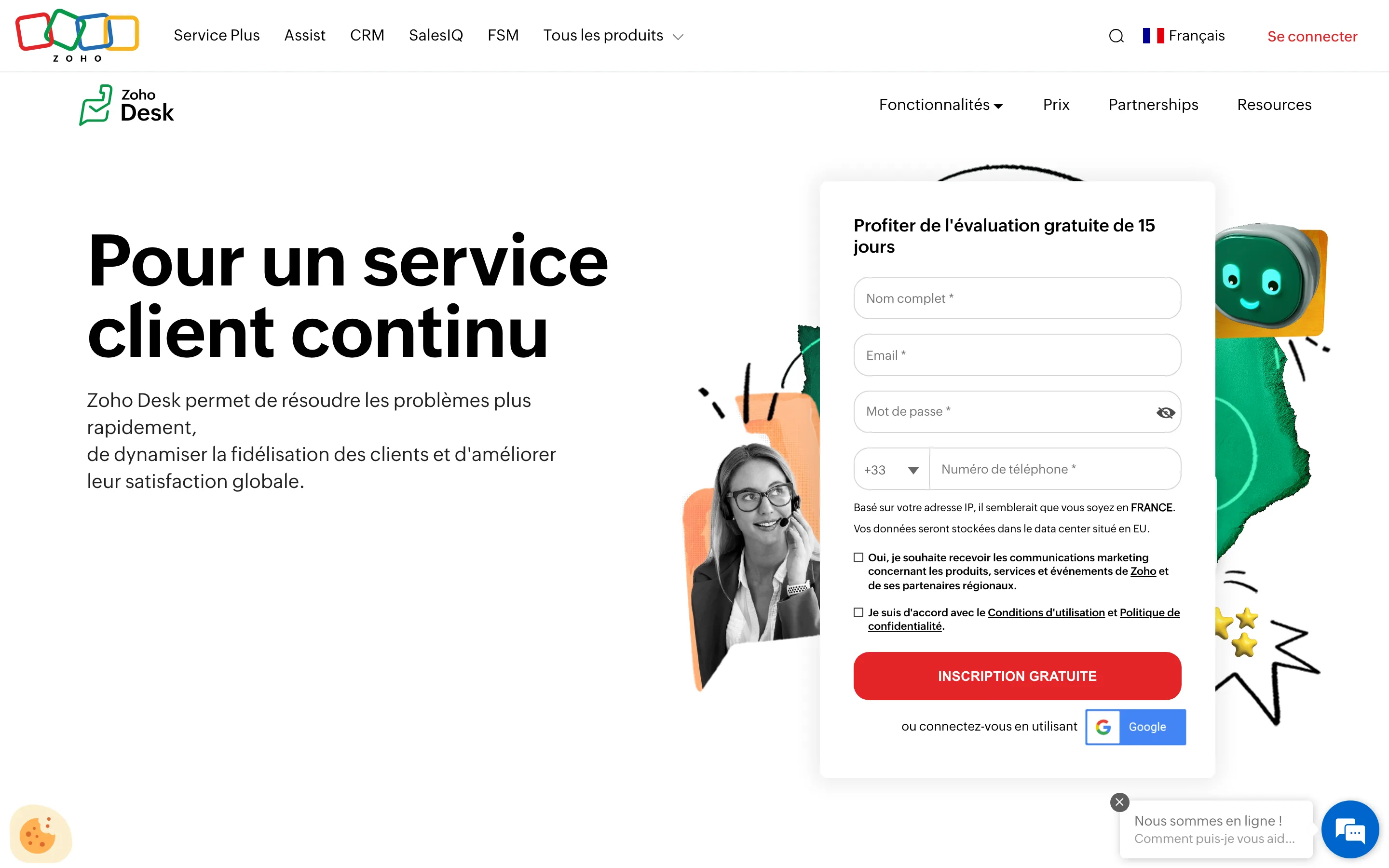 Page d'accueil de Zoho Desk, logiciel de helpdesk, relevée en juillet 2026