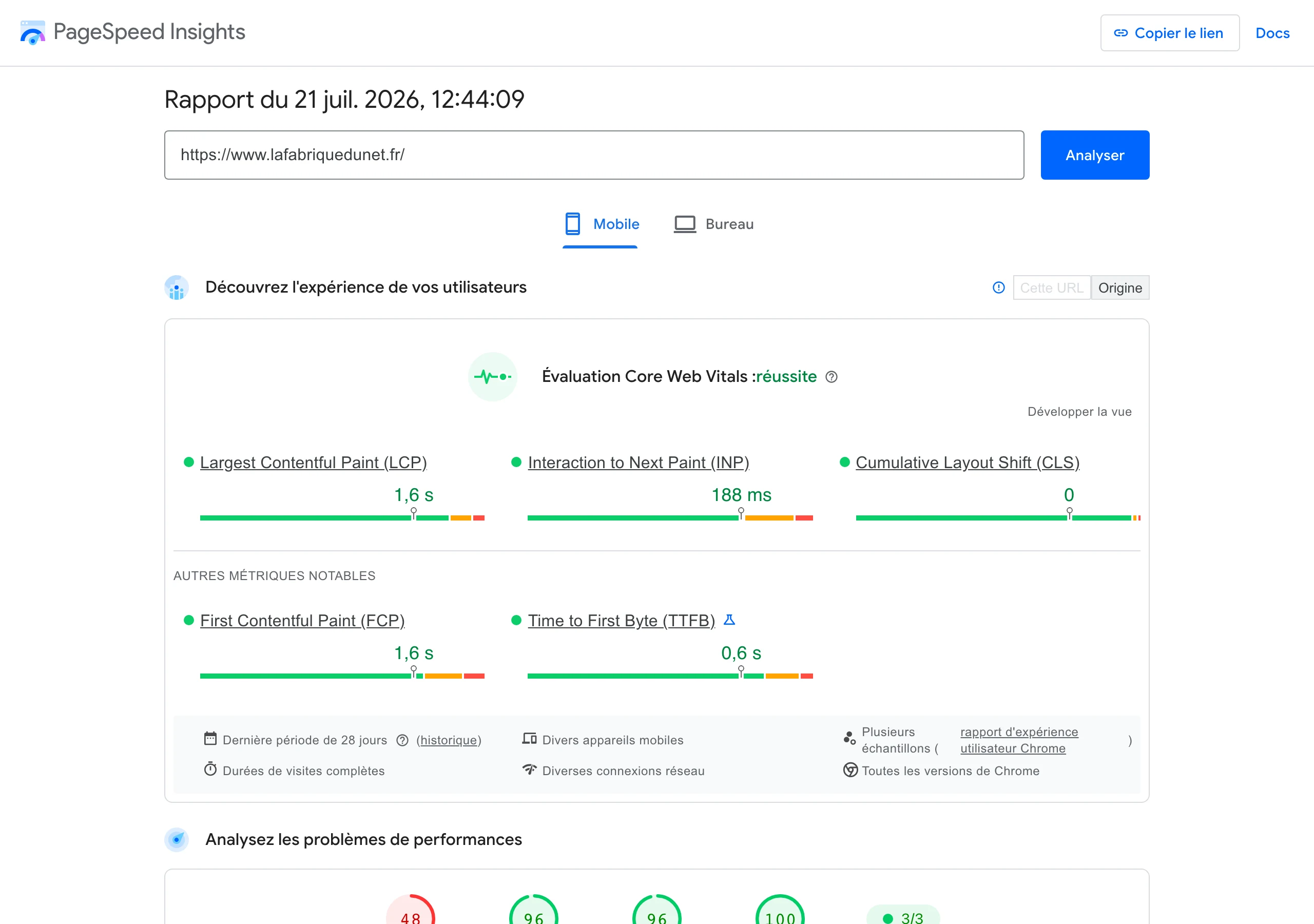 Capture d'un test PageSpeed Insights réel daté du 21 juillet 2026 : évaluation Core Web Vitals réussie avec LCP à 1,6 seconde, INP à 188 millisecondes et CLS à 0, le type de diagnostic gratuit par lequel commencer tout audit technique