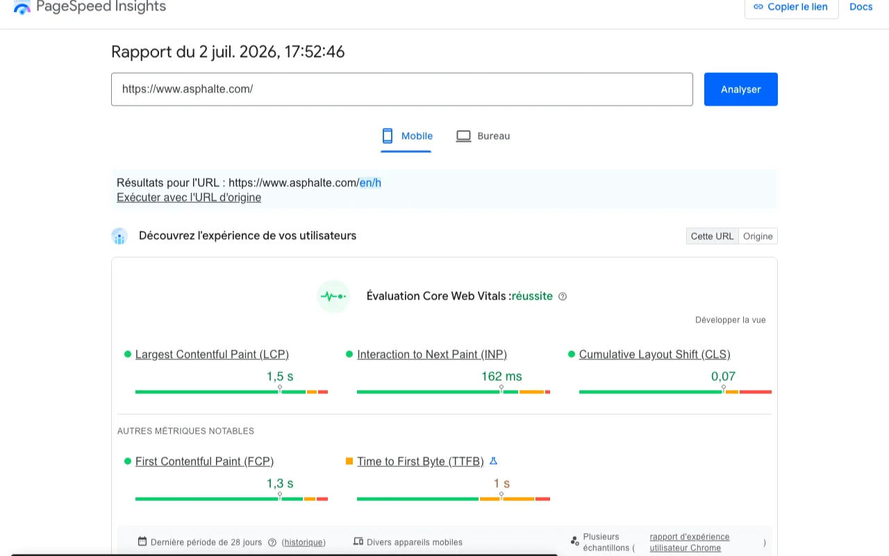 Rapport PageSpeed Insights mobile avec évaluation Core Web Vitals réussie : LCP 1,5 s, INP 162 ms, CLS 0,07