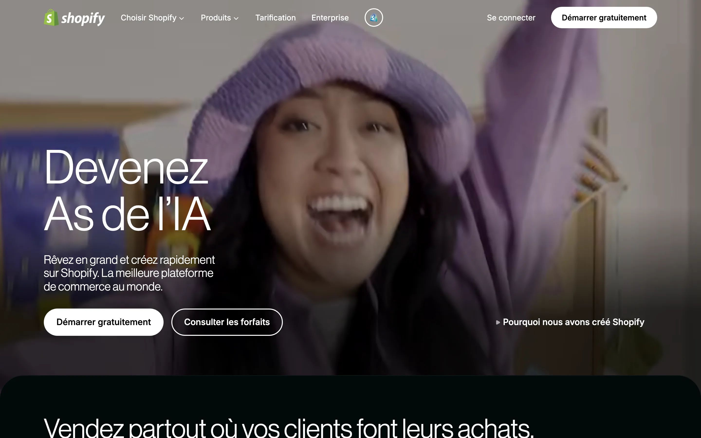 Page d'accueil française de Shopify