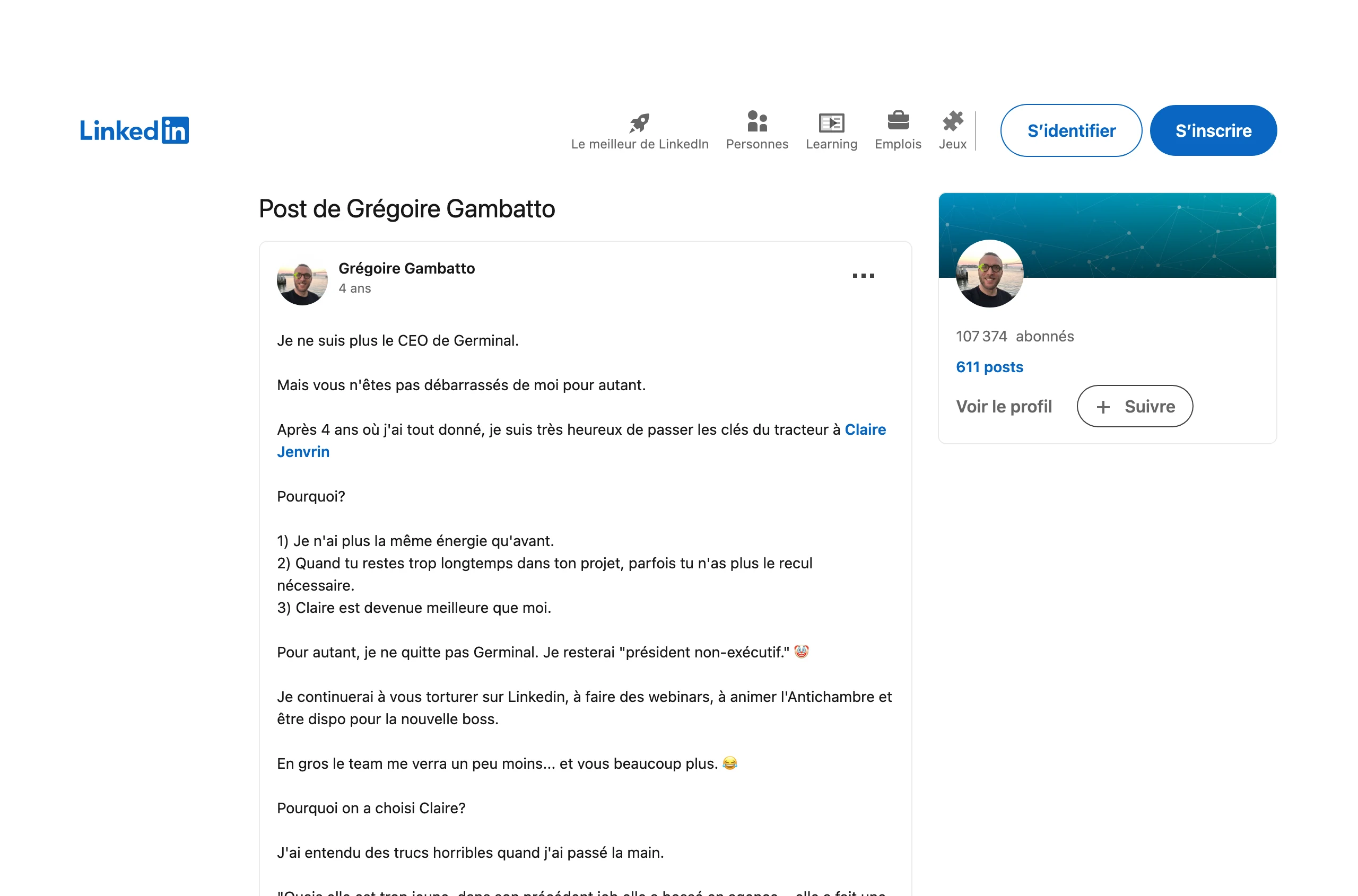 Exemple de post build in public sur LinkedIn : Grégoire Gambatto annonce qu'il n'est plus CEO de Germinal et explique pourquoi, transparence radicale typique du genre