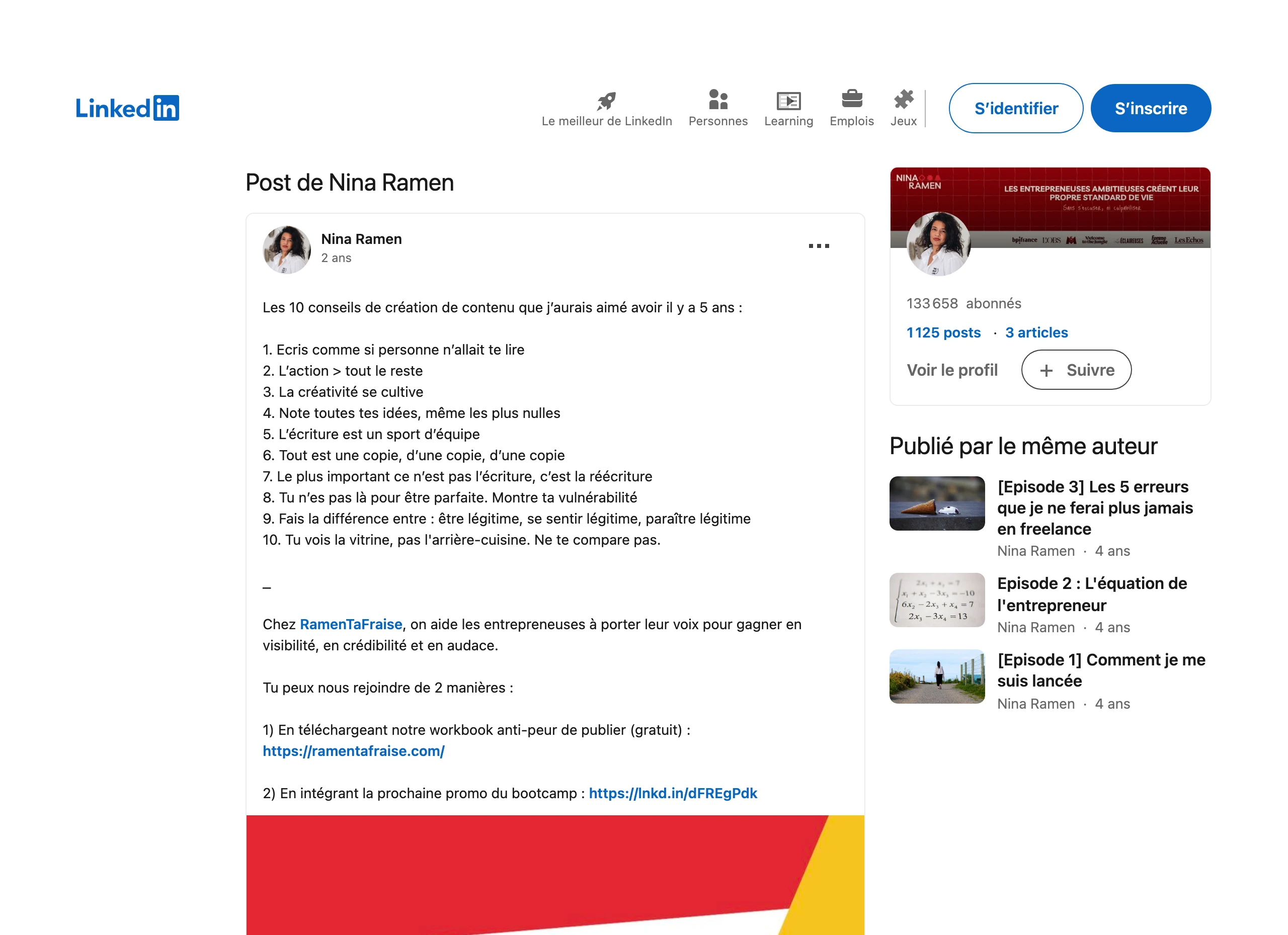 Exemple de post pédagogue sur LinkedIn : Nina Ramen (133 000 abonnés) liste ses 10 conseils de création de contenu, format liste actionnable typique