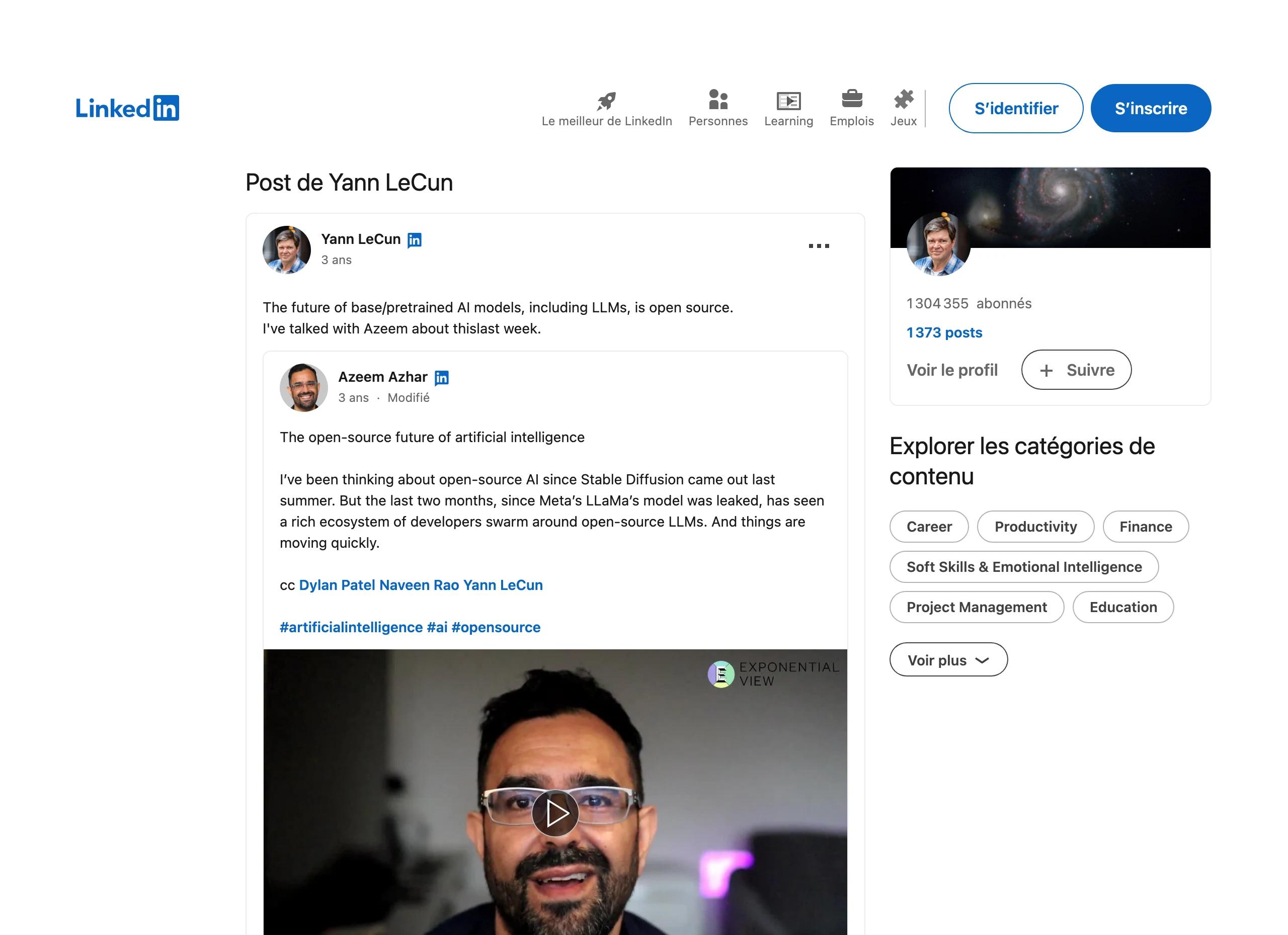 Exemple de post visionnaire sur LinkedIn : Yann LeCun (1,3 million d'abonnés) prend position sur l'avenir open source des modèles d'IA