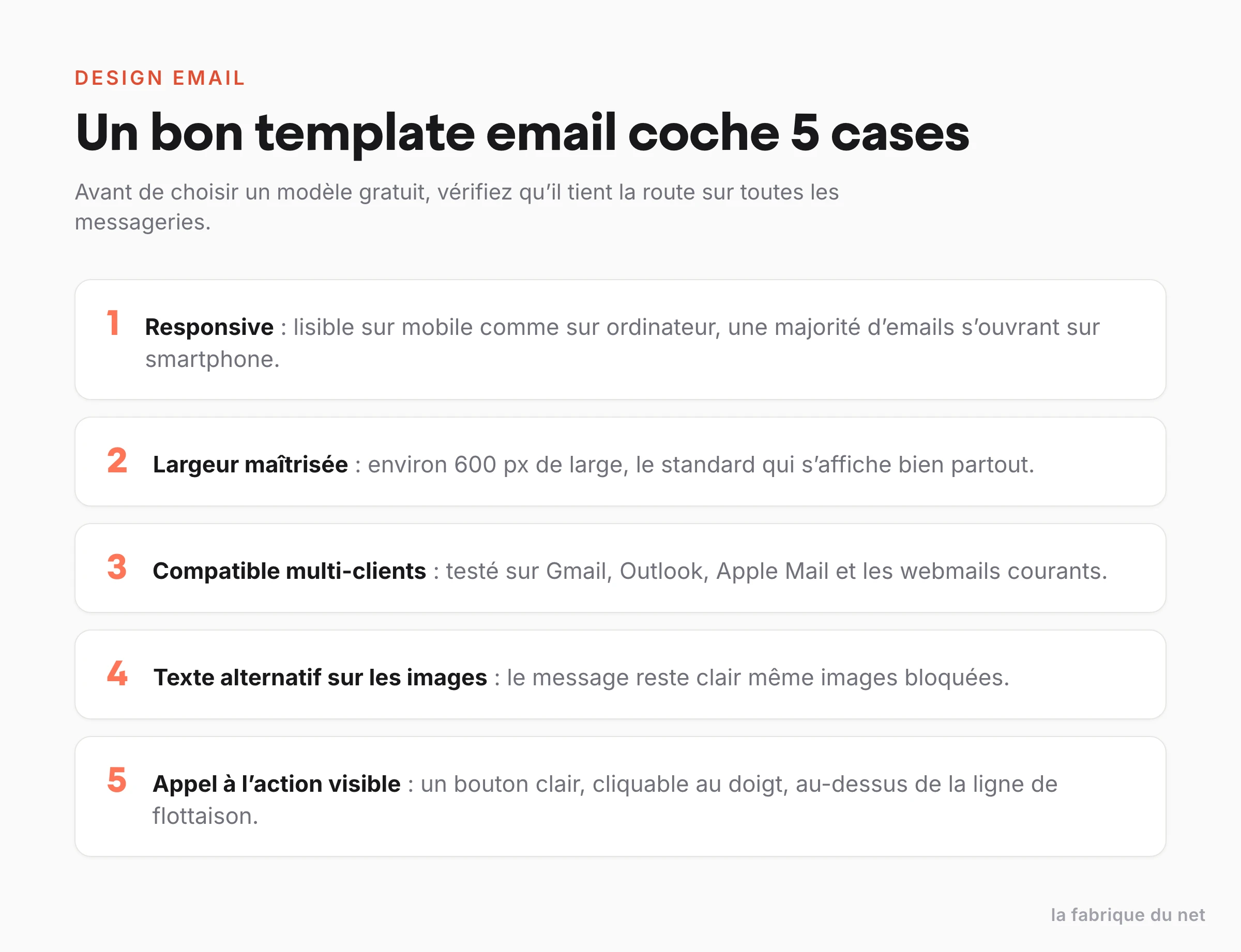 Les 5 criteres d'un bon template email gratuit : responsive, largeur maitrisee, compatible multi-clients, texte alternatif, appel a l'action visible