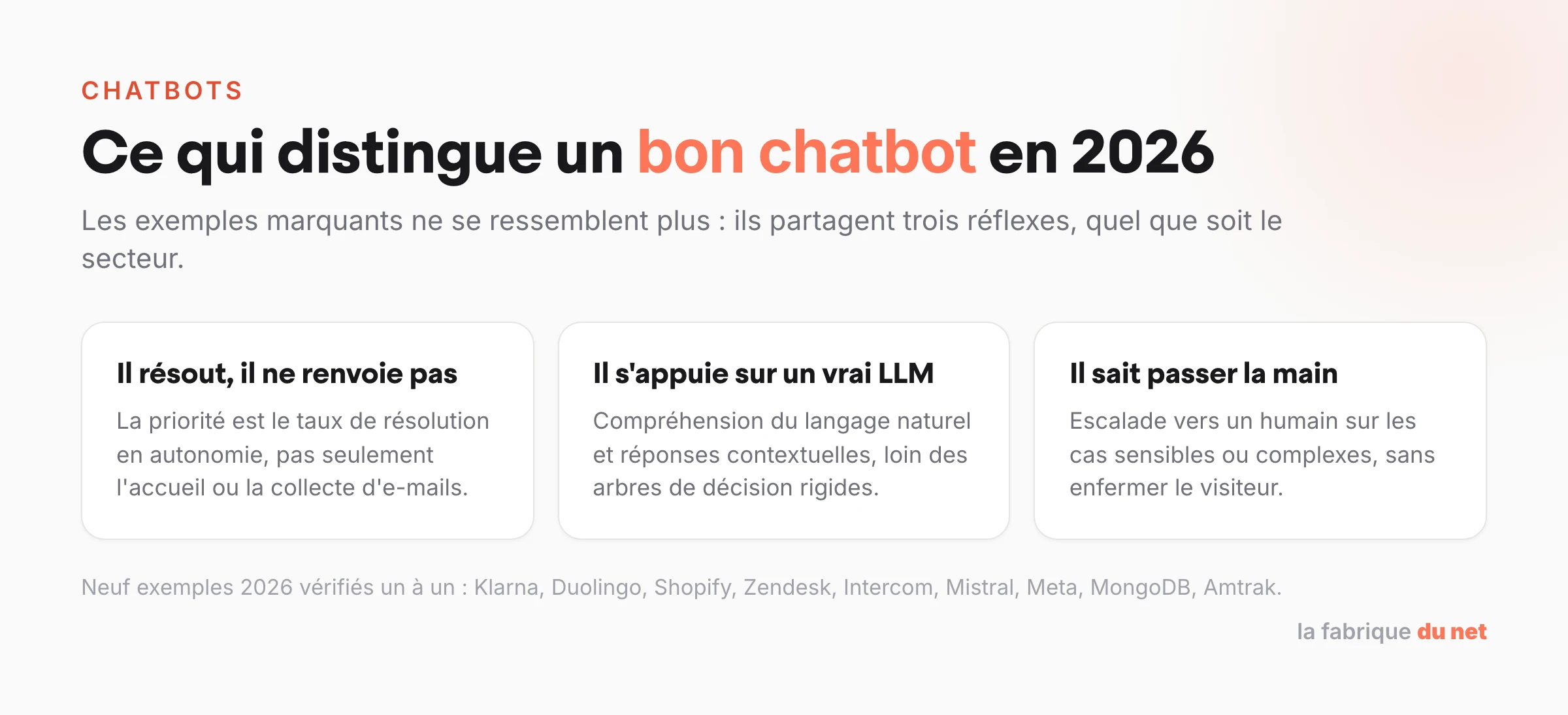 Les trois réflexes d'un bon chatbot en 2026 : résoudre en autonomie, s'appuyer sur un LLM, savoir escalader vers un humain