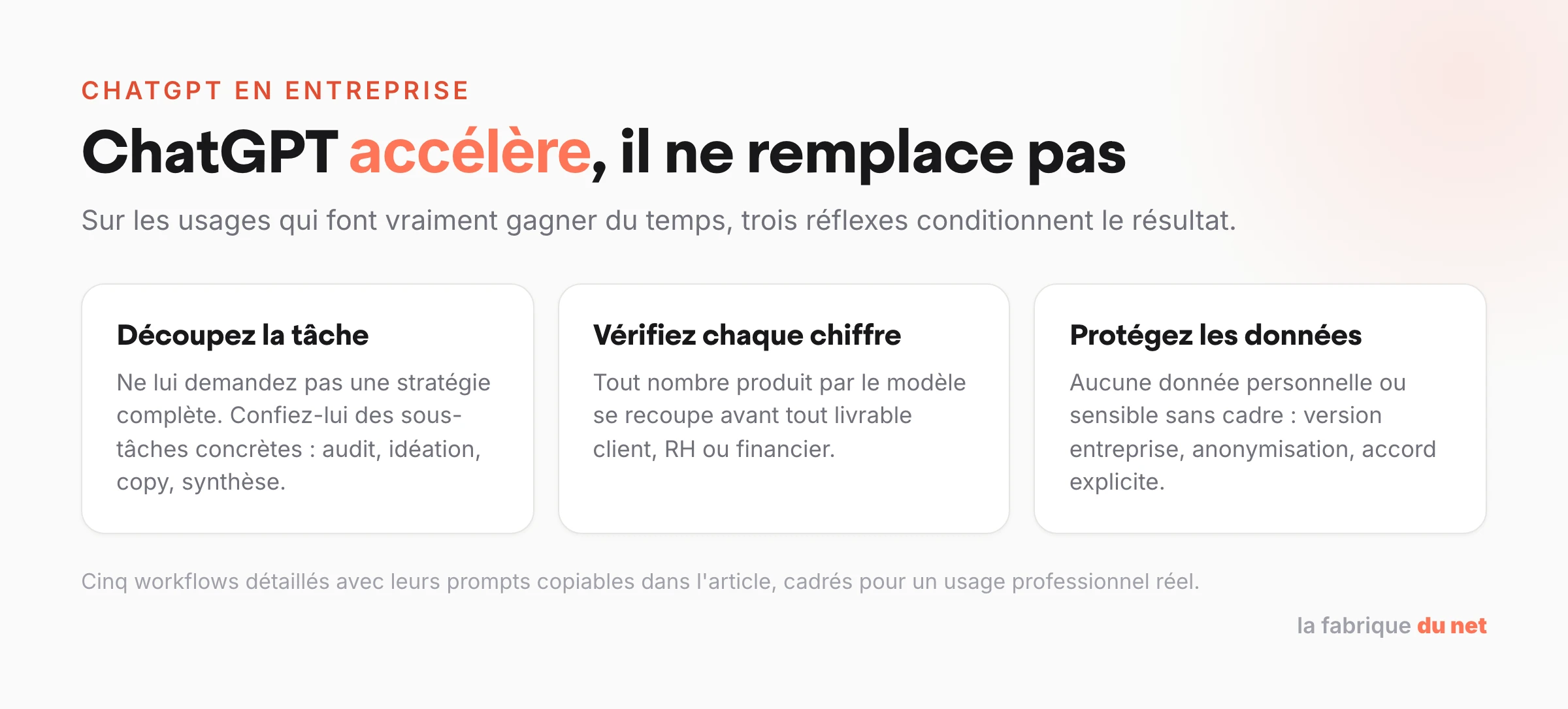 Trois réflexes pour utiliser ChatGPT en entreprise : découper la tâche, vérifier chaque chiffre, protéger les données