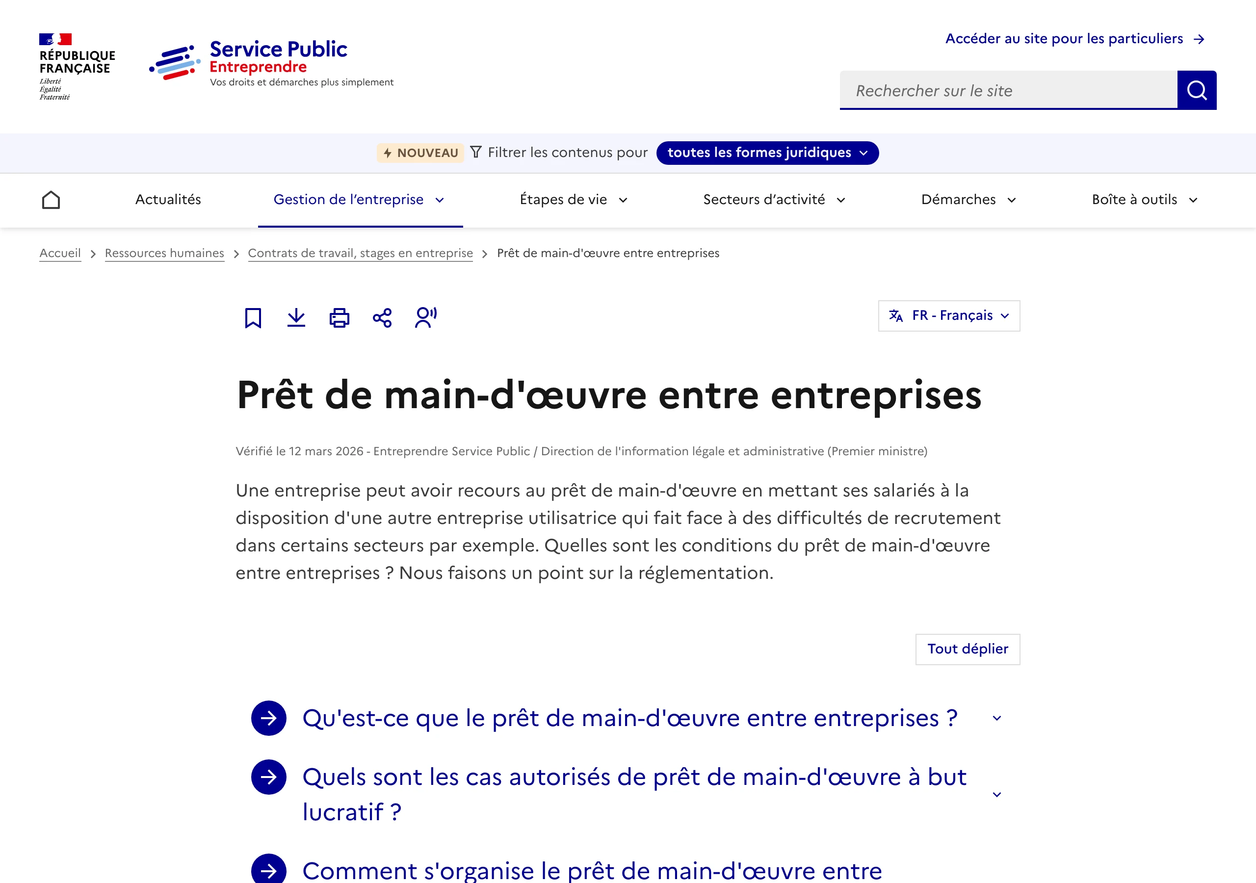 Capture de la fiche officielle Service-Public Entreprendre « Prêt de main-d'œuvre entre entreprises », vérifiée le 12 mars 2026 : le cadre légal qui sépare la régie licite du délit de marchandage