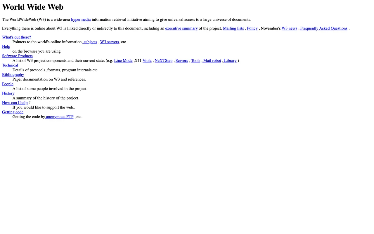 El primer sitio web de la historia, publicado por el CERN en 1991 y todavía en línea