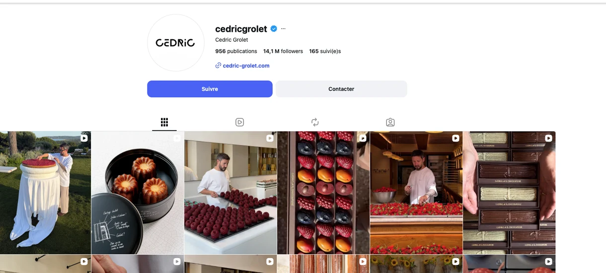 Profil Instagram vérifié de Cédric Grolet (@cedricgrolet) en juillet 2026 : badge de certification, 14,1 millions de followers, 956 publications, avec sa grille de pâtisseries signature