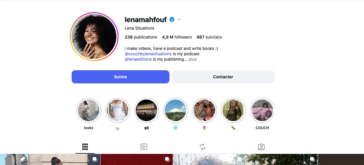Profil Instagram vérifié de Léna Situations (@lenamahfouf) en juillet 2026 : badge de certification, 4,9 millions de followers, 236 publications, bio mentionnant son podcast et sa maison d'édition