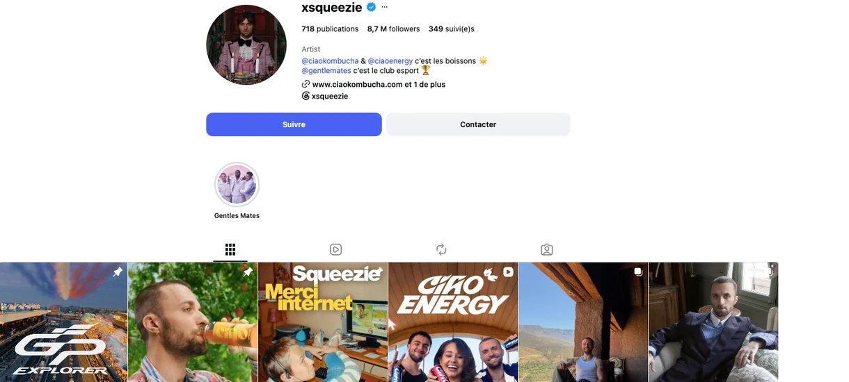 Profil Instagram vérifié de Squeezie (@xsqueezie) en juillet 2026 : badge de certification, 8,7 millions de followers, 718 publications, bio mentionnant ses marques de boissons Ciao Kombucha et Ciao Energy et le club esport Gentle Mates