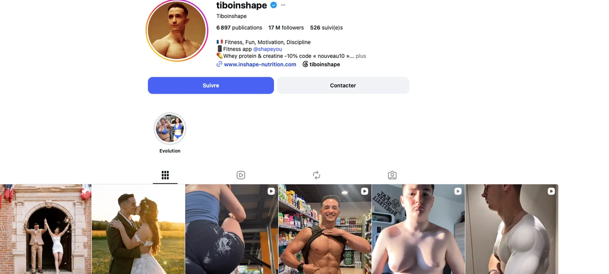 Profil Instagram vérifié de Tibo InShape (@tiboinshape) en juillet 2026 : badge de certification, 17 millions de followers, 6 897 publications, bio fitness et motivation mentionnant son application Shape You