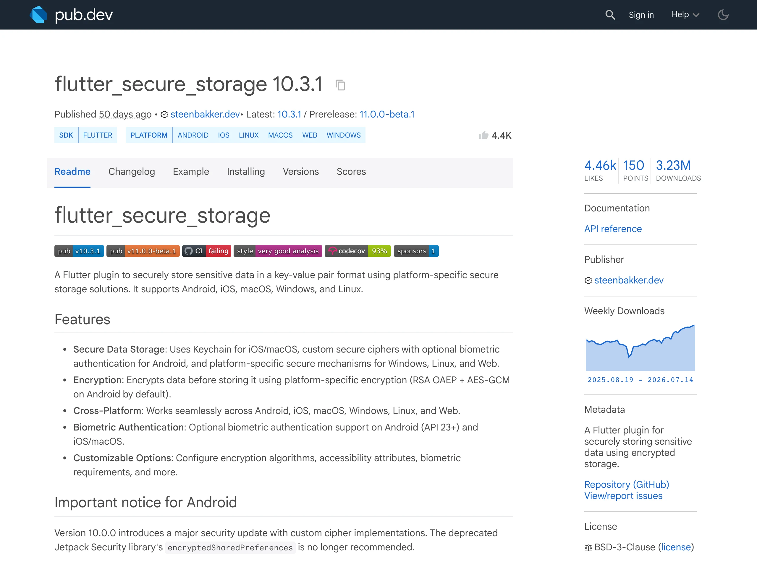 Capture de la page pub.dev du paquet flutter_secure_storage en juillet 2026 : le réflexe de vérification d'une dépendance Flutter (score, maintenance, éditeur) avant intégration, pour le stockage sécurisé Keychain et Keystore
