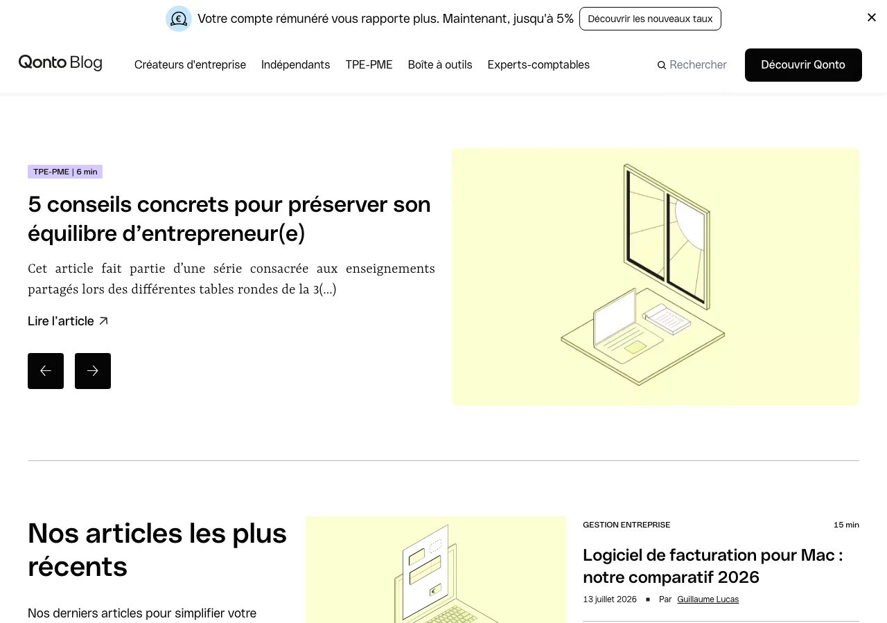 Capture du blog de Qonto en juillet 2026, segmenté par persona (créateurs d'entreprise, indépendants, TPE-PME, experts-comptables) : l'exemple français de la machine de contenu B2B qui capte les décideurs en phase de découverte, très en amont du besoin bancaire