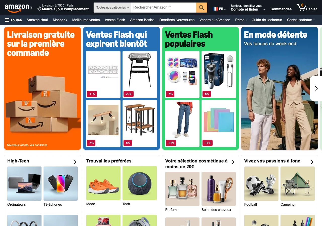 Capture de la page d'accueil d'Amazon France en juillet 2026 : le champ de recherche interne occupe toute la largeur de l'en-tête, au cœur de la navigation, l'exemple canonique de la visibilité du moteur de recherche sur un site e-commerce