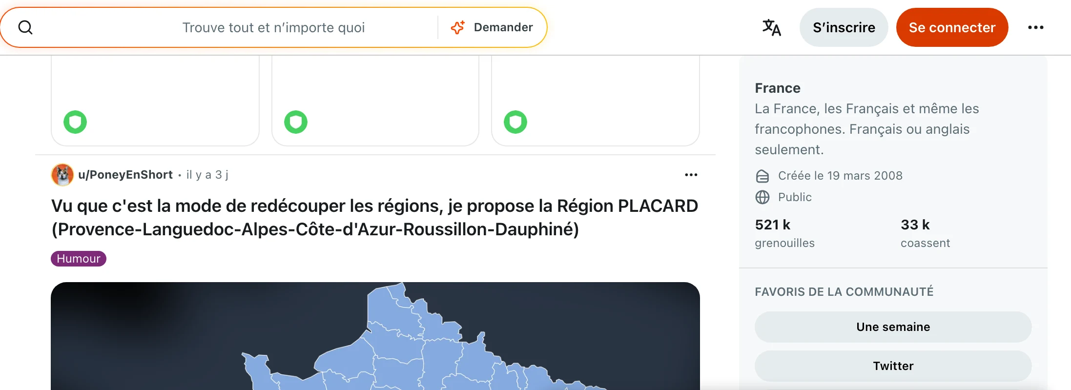 La communauté r/france sur Reddit en juillet 2026 : 521 000 membres, 33 000 connectés, avec un post humour en tête de semaine