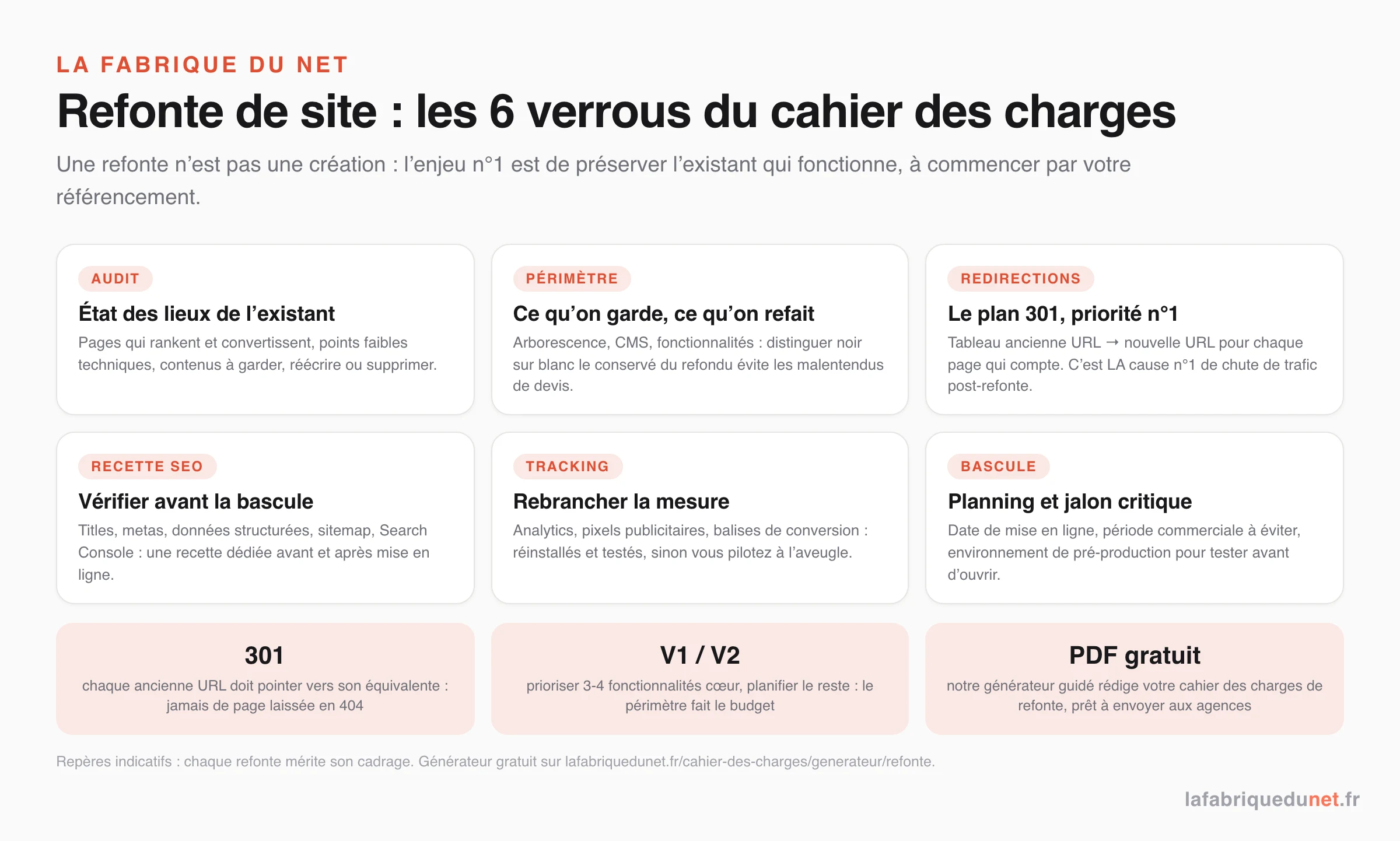 Les 6 verrous du cahier des charges de refonte de site : audit de l'existant, périmètre gardé/refait, plan de redirections 301 (cause n°1 de chute de trafic post-refonte), recette SEO avant bascule, tracking rebranché, planning et jalon critique
