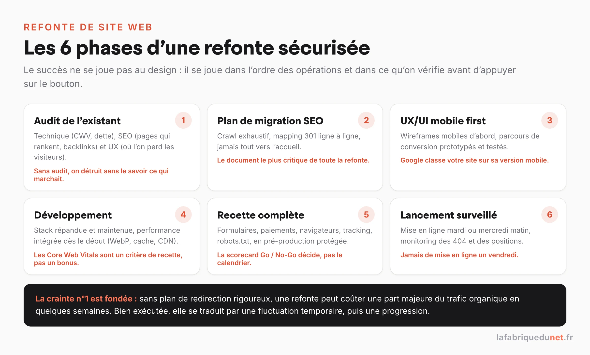 Schéma : les 6 phases d'une refonte de site web sécurisée (audit de l'existant, plan de migration SEO avec mapping 301, UX/UI mobile first, développement avec Core Web Vitals, recette complète avec scorecard Go/No-Go, lancement surveillé jamais un vendredi)