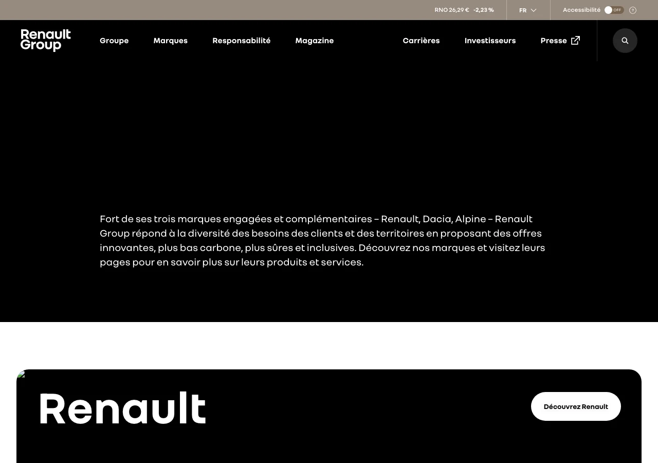 Capture du site corporate de Renault Group en juillet 2026, page Nos marques : la marque entreprise présente ses trois marques produit Renault, Dacia et Alpine, un exemple type d'articulation entre corporate branding et product branding