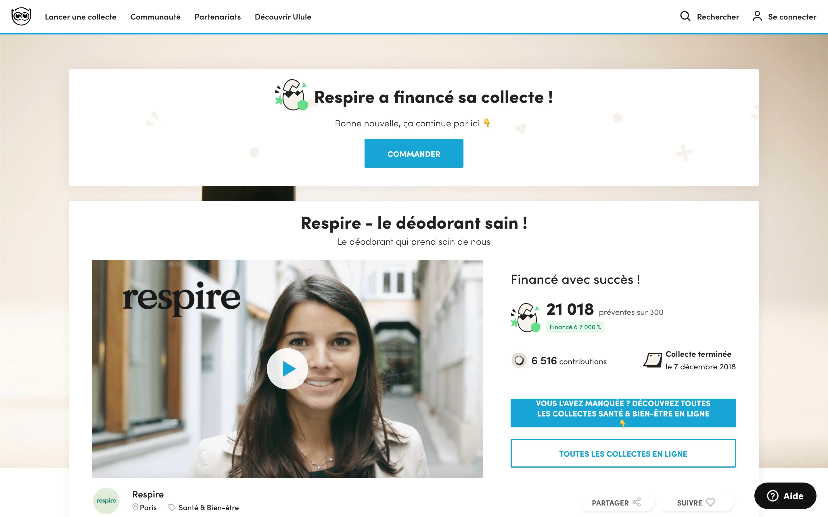 La collecte Ulule de Respire : 21 018 préventes pour un objectif de 300, le produit co-créé et pré-financé par la communauté de Justine Hutteau