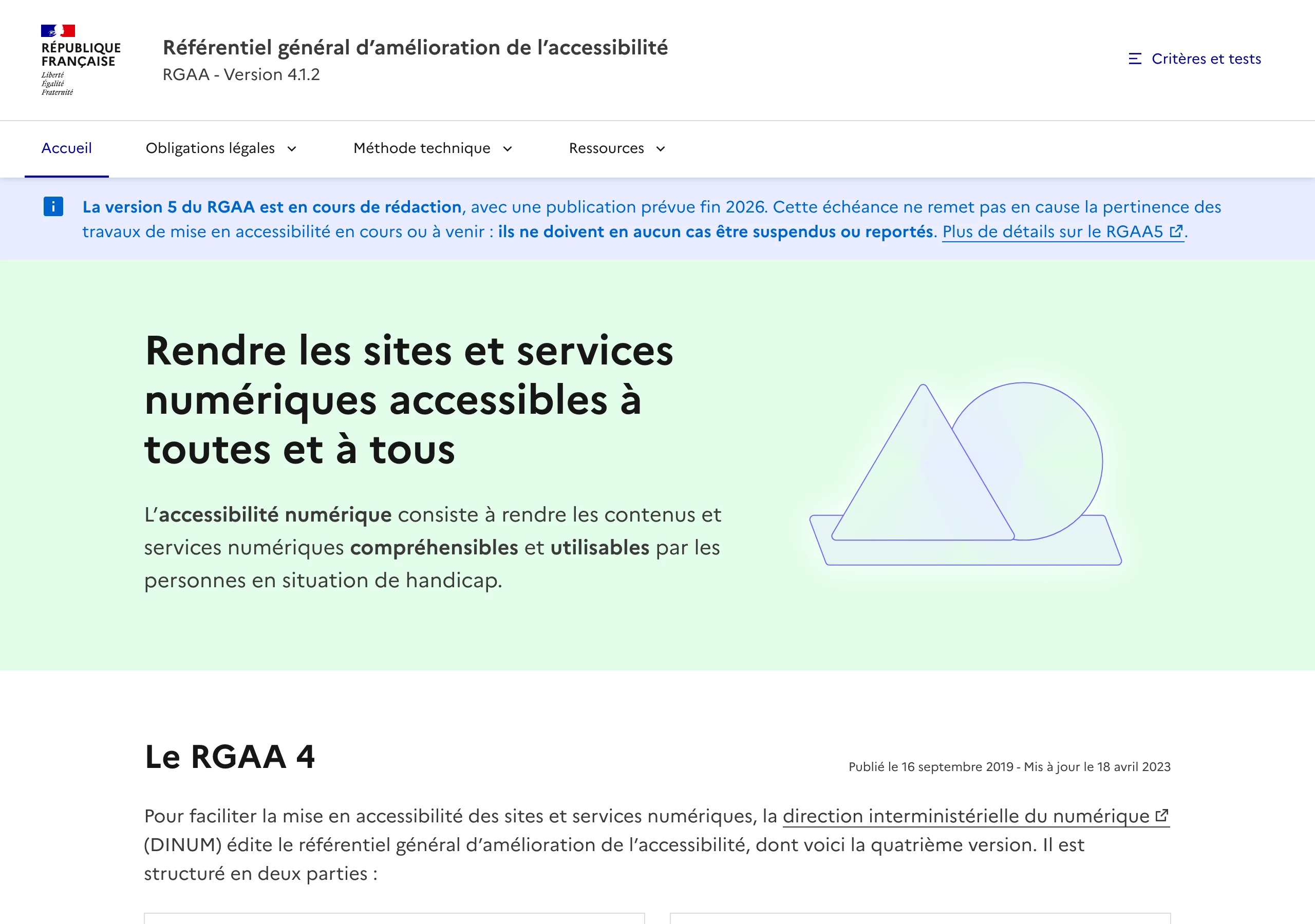 Capture du site officiel accessibilite.numerique.gouv.fr en juillet 2026 : le Référentiel général d'amélioration de l'accessibilité (RGAA 4.1.2), avec l'annonce de la version 5 prévue fin 2026, le cadre à anticiper lors d'une refonte