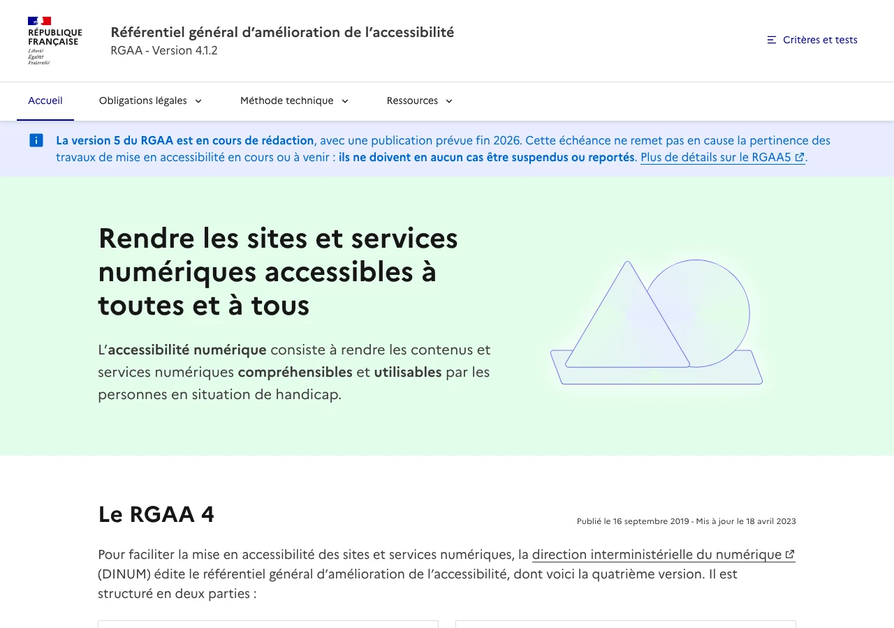 Capture du site officiel du RGAA (accessibilite.numerique.gouv.fr) en juillet 2026, version 4.1.2, avec l'annonce de la version 5 du référentiel en cours de rédaction pour une publication prévue fin 2026