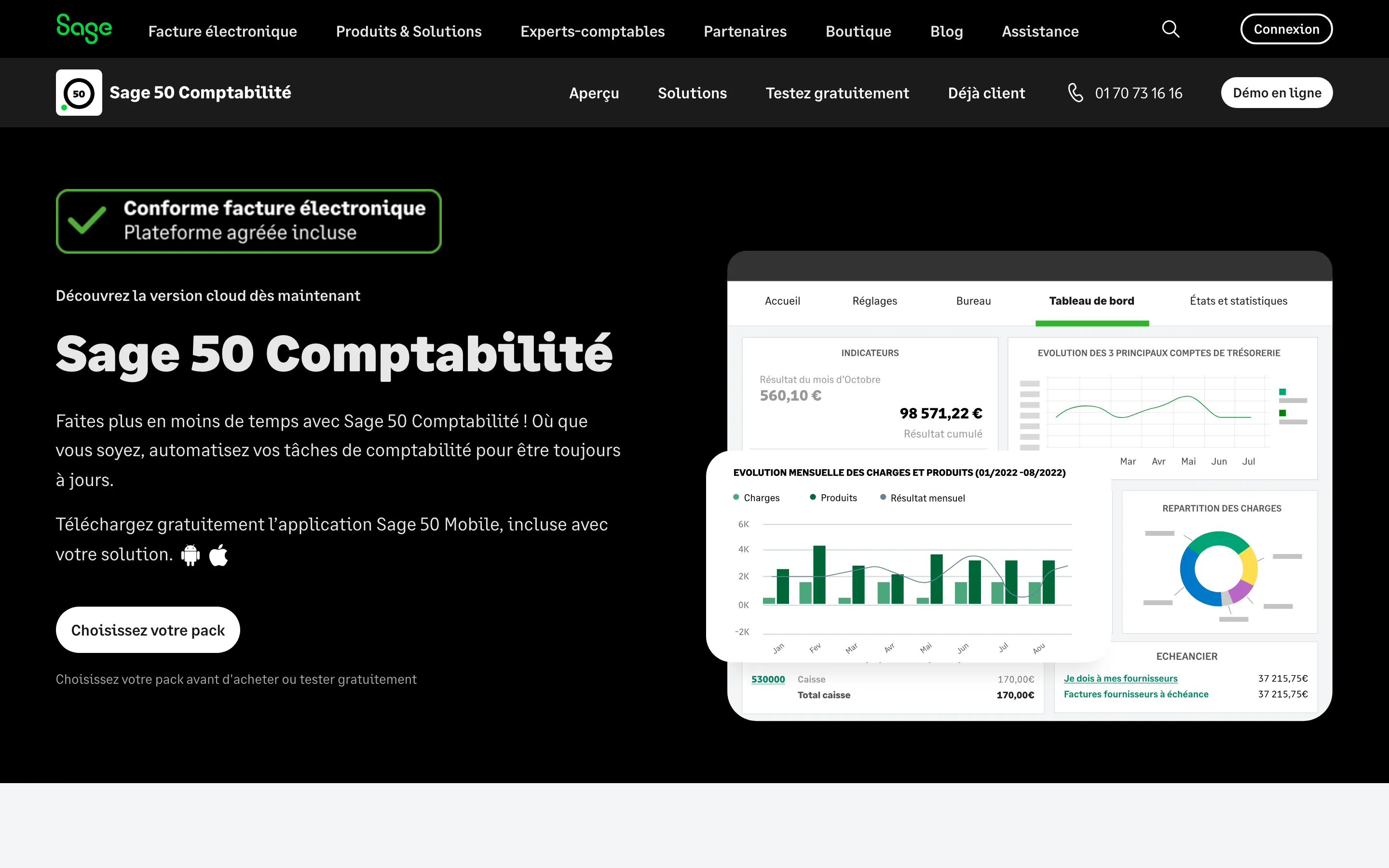 Page officielle de Sage 50 Comptabilité indiquant la conformité à la facturation électronique, relevée en juillet 2026
