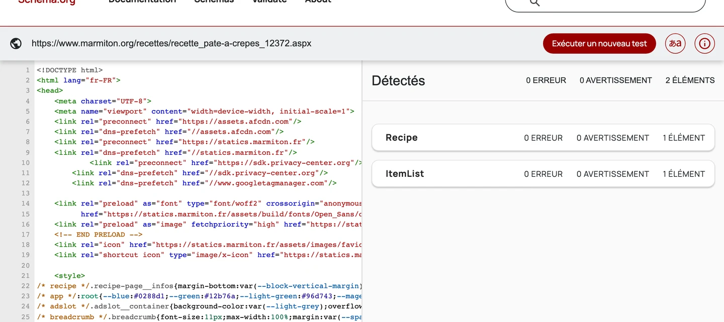 Le Schema Markup Validator détecte les types Recipe et ItemList, sans erreur ni avertissement, sur une recette de pâte à crêpes de marmiton.org (juillet 2026)