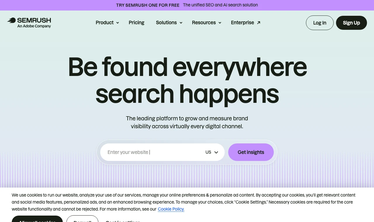 Capture de Semrush en juillet 2026 (désormais dans le groupe Adobe) : la plateforme d'analyse SEO utilisée pour l'étape mots-clés de l'audit, en complément des données Search Console