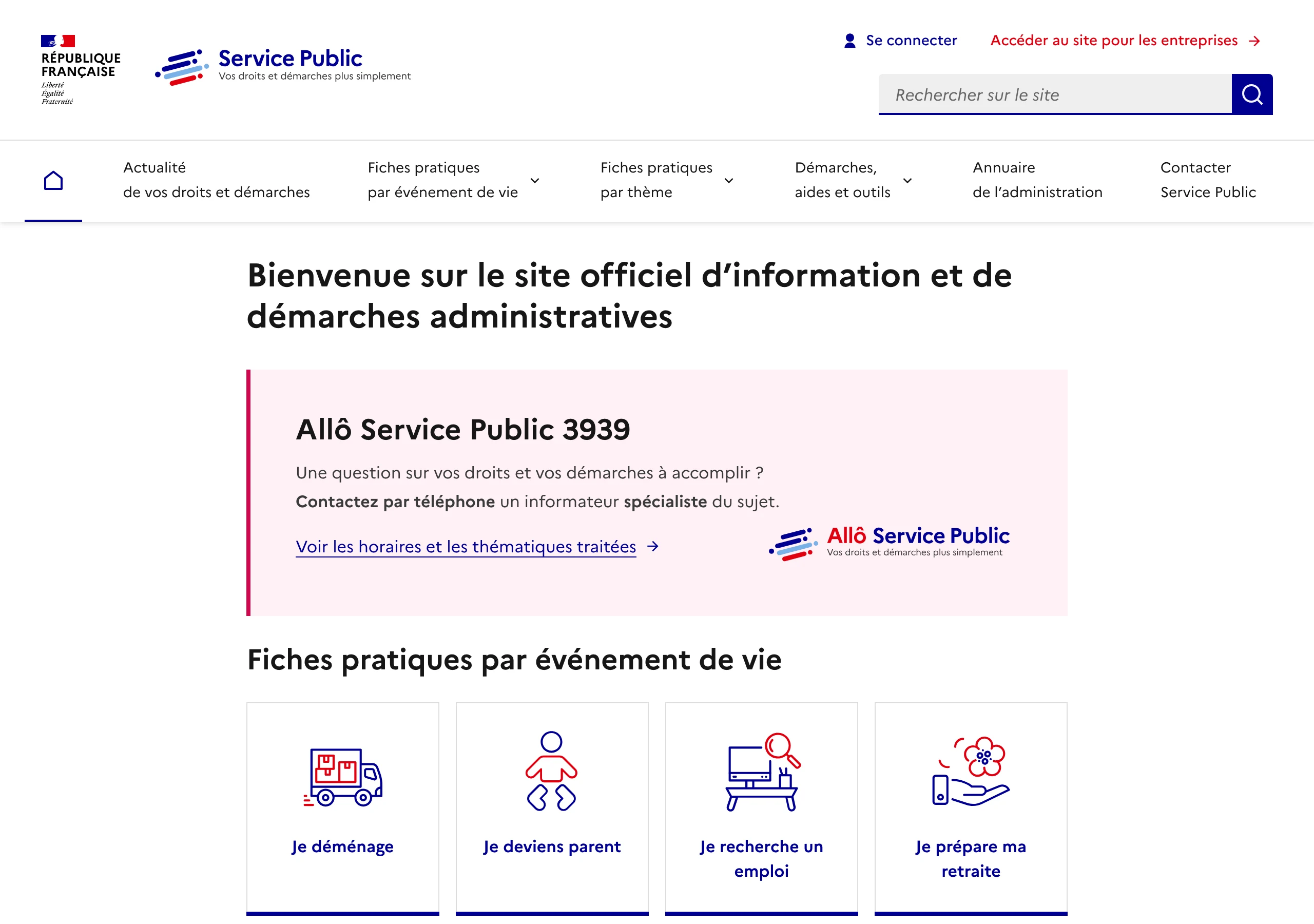 Capture de service-public.fr en juillet 2026 : navigation organisée par événement de vie (je déménage, je deviens parent, je recherche un emploi, je prépare ma retraite) et système de design de l'État conçu autour de l'accessibilité, l'exemple d'une architecture pensée par les besoins de l'utilisateur
