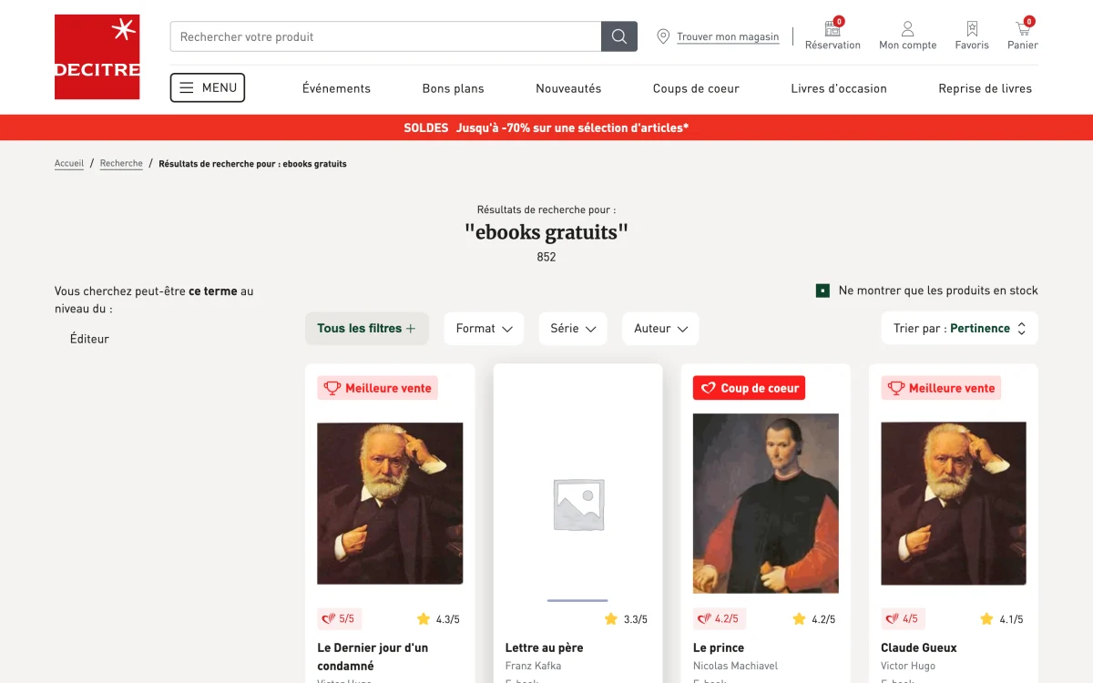 Decitre : la recherche « ebooks gratuits » affiche des centaines de classiques à télécharger