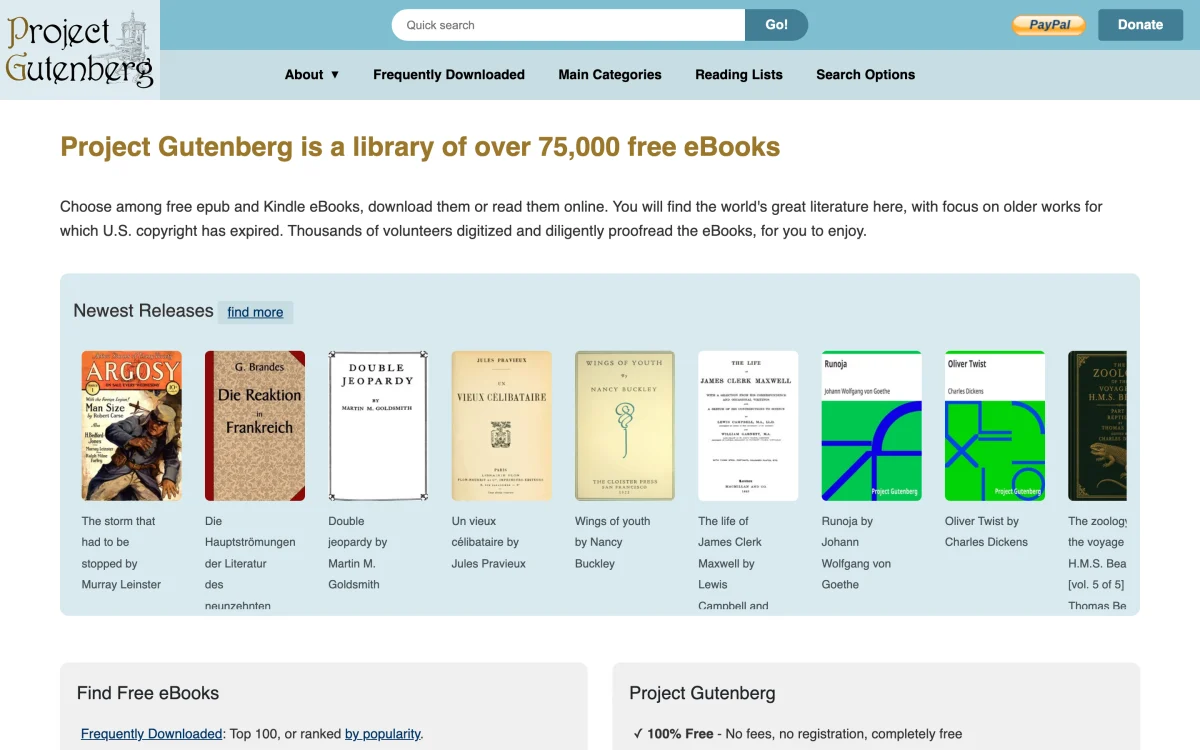 Project Gutenberg, plus de 75 000 ebooks gratuits du domaine public