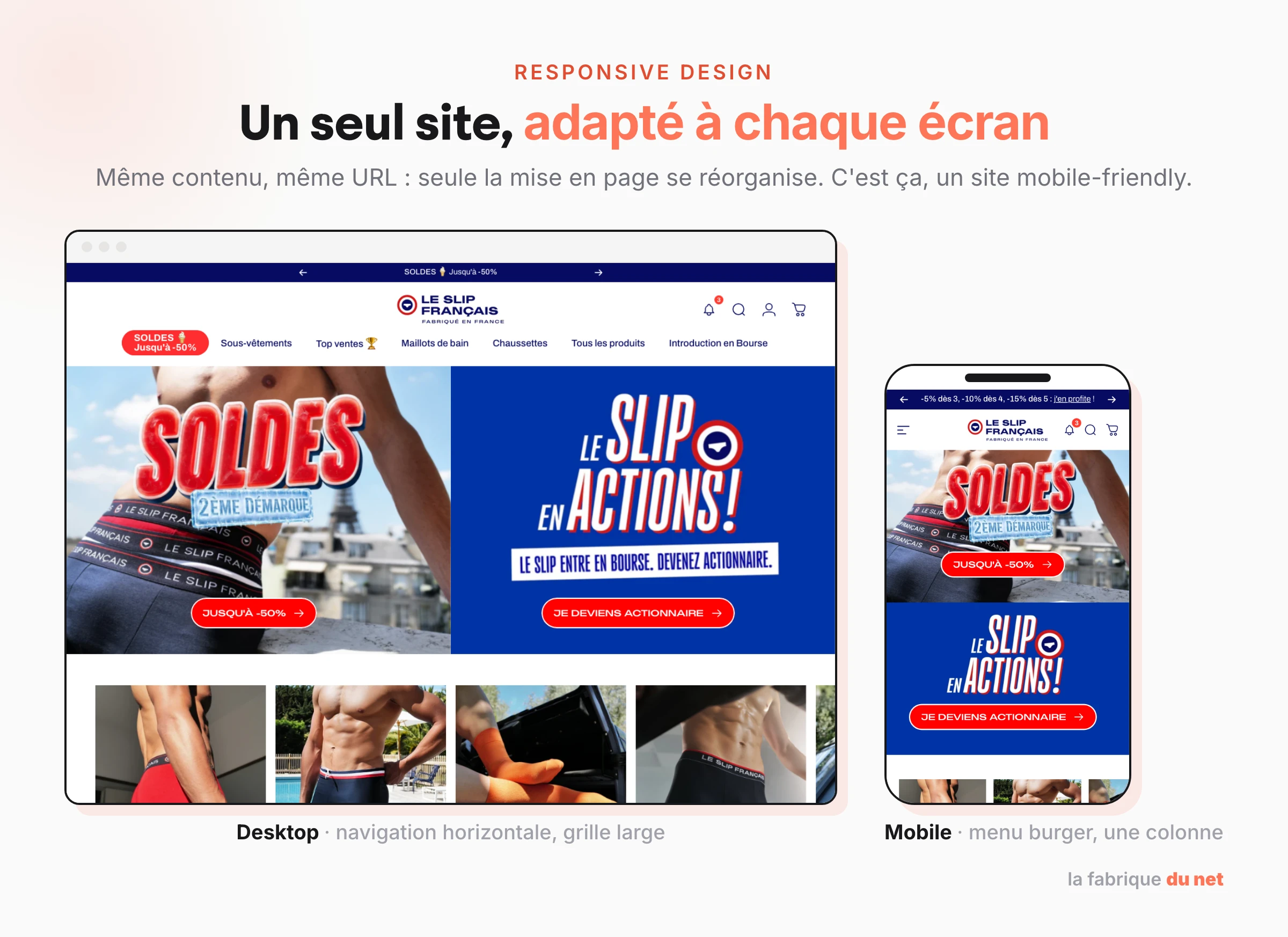 Exemple de site responsive : le même site affiché sur desktop avec navigation horizontale et sur mobile en une colonne avec menu burger