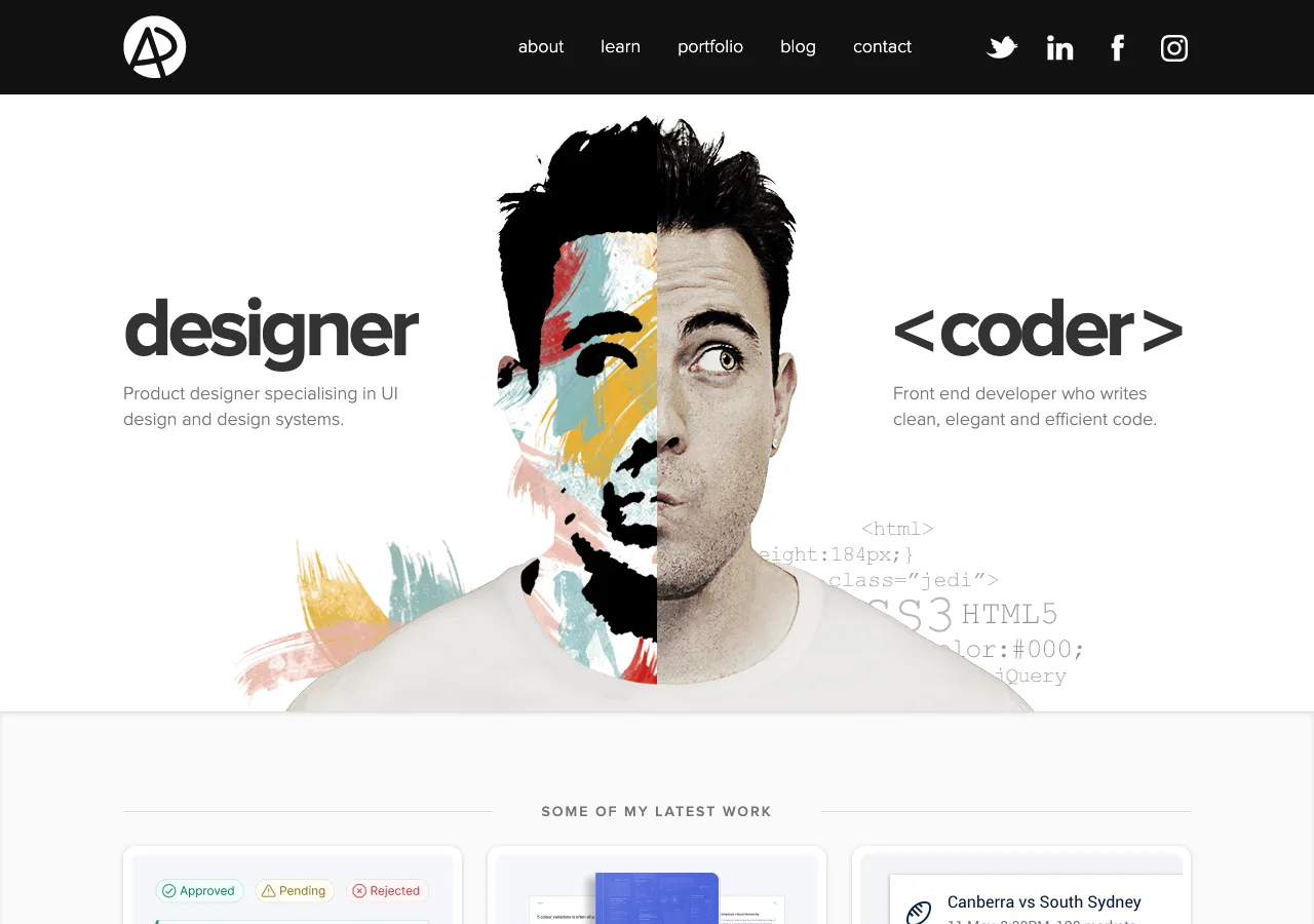 Page d'accueil du portfolio d'Adham Dannaway, designer et développeur, avec son visage partagé entre design et code