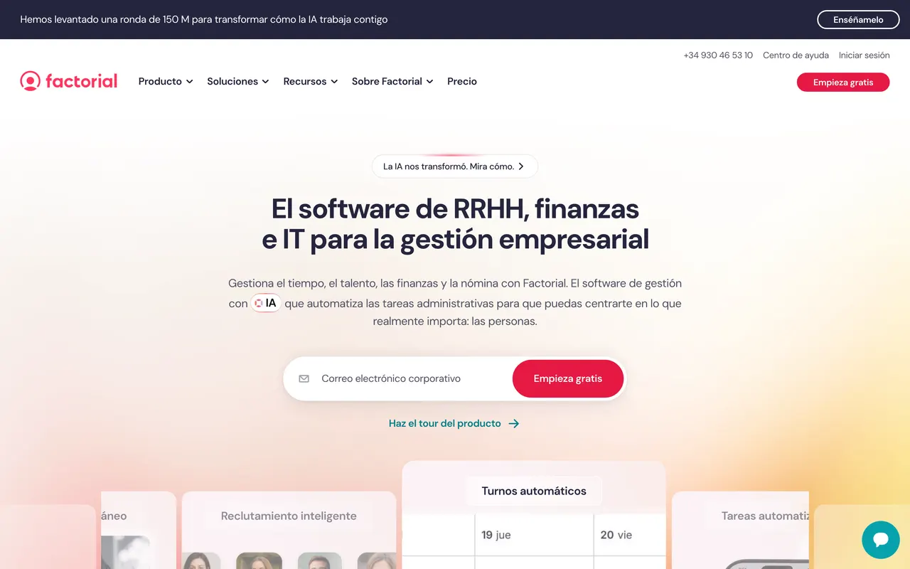 Página de inicio de Factorial, software de RRHH español, julio de 2026